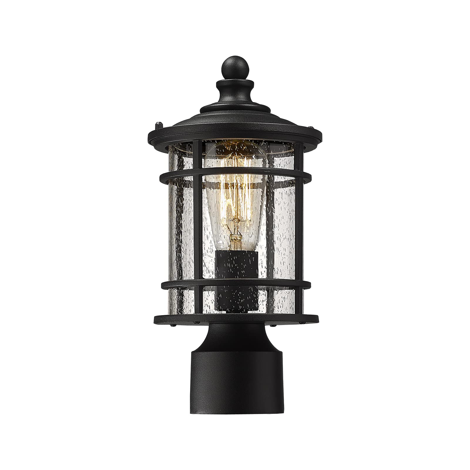 Emliviar Lamp Post Light Fixture - Modern Outdoor Post Light with Seeded Glass 12.5 Inch, Black Finish, XE229P-S BK