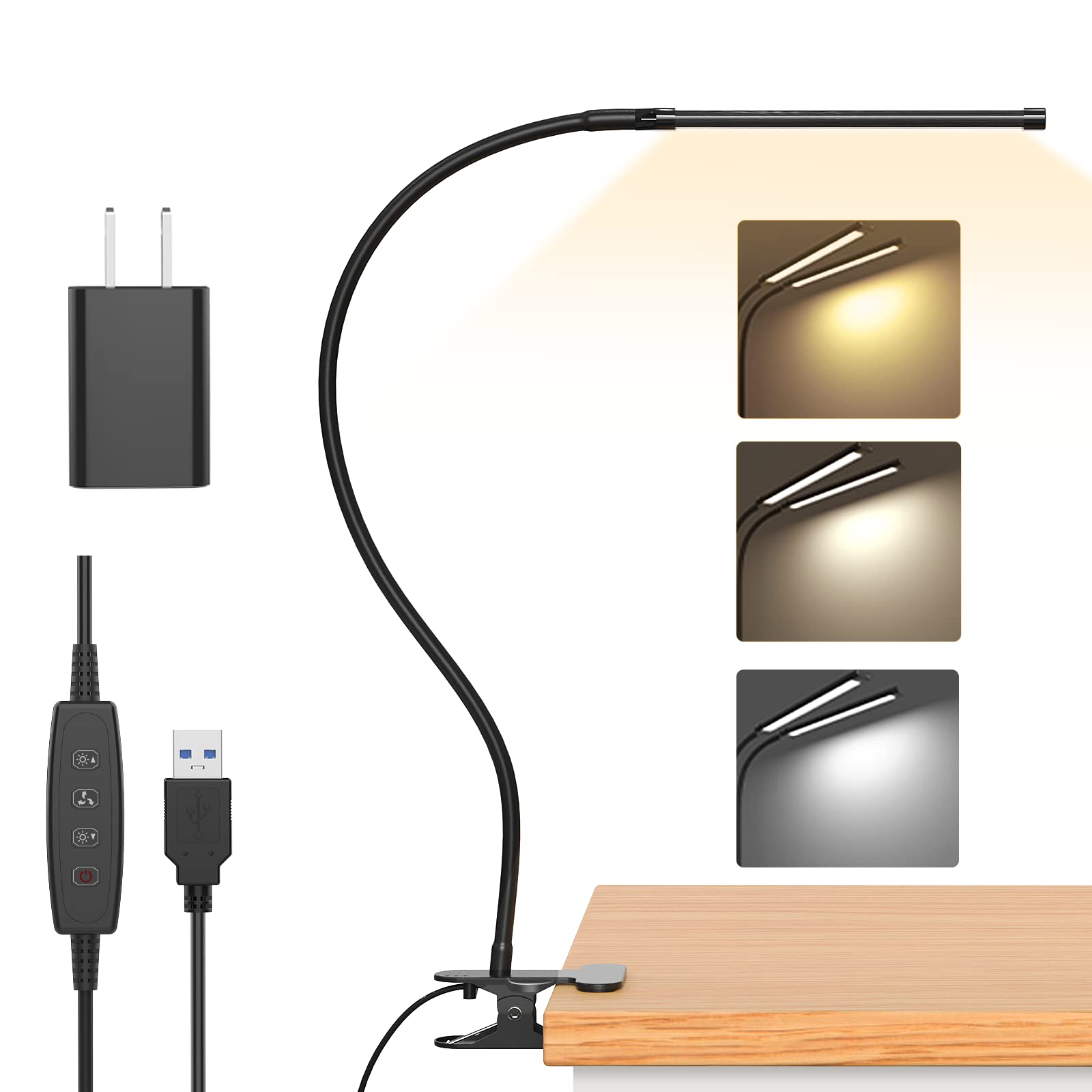 Izell Led Book Light Clip-On – 3 Color Modes, 10 Brightness Levels, Flexible Gooseneck, 15.8 Height, Black, Model Tbl401-Bk