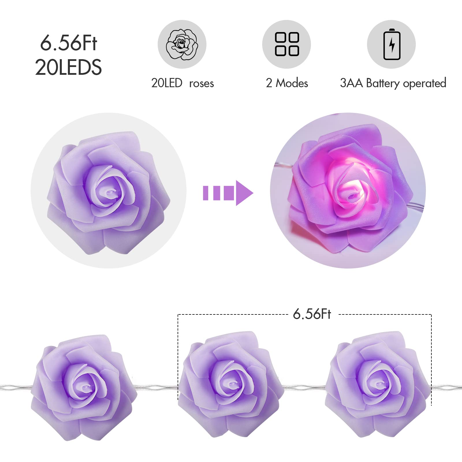 Vipmoon Led Rose Flower String Lights, Purple Indoor Fairy String Lights For Bedroom 2M/6.6Ft 20 Led For Valentine'S Day Birthday Party Christmas Wedding Patio Yard Decoration, Battery Operated