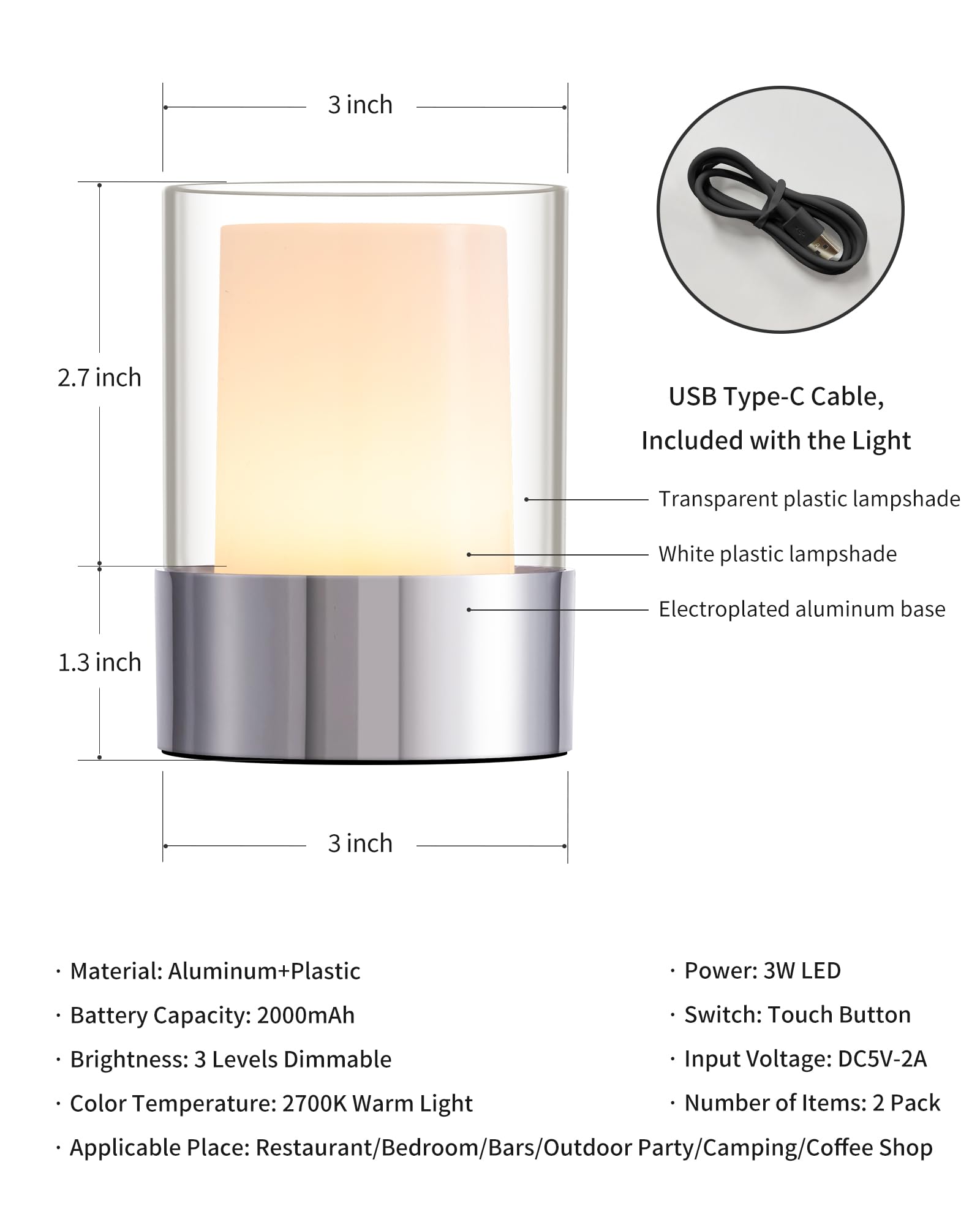 Newsee Led Touch Night Light 4&quot; For Nursery & Outdoor, Rechargeable Chrome Table Lamp, Set Of 2