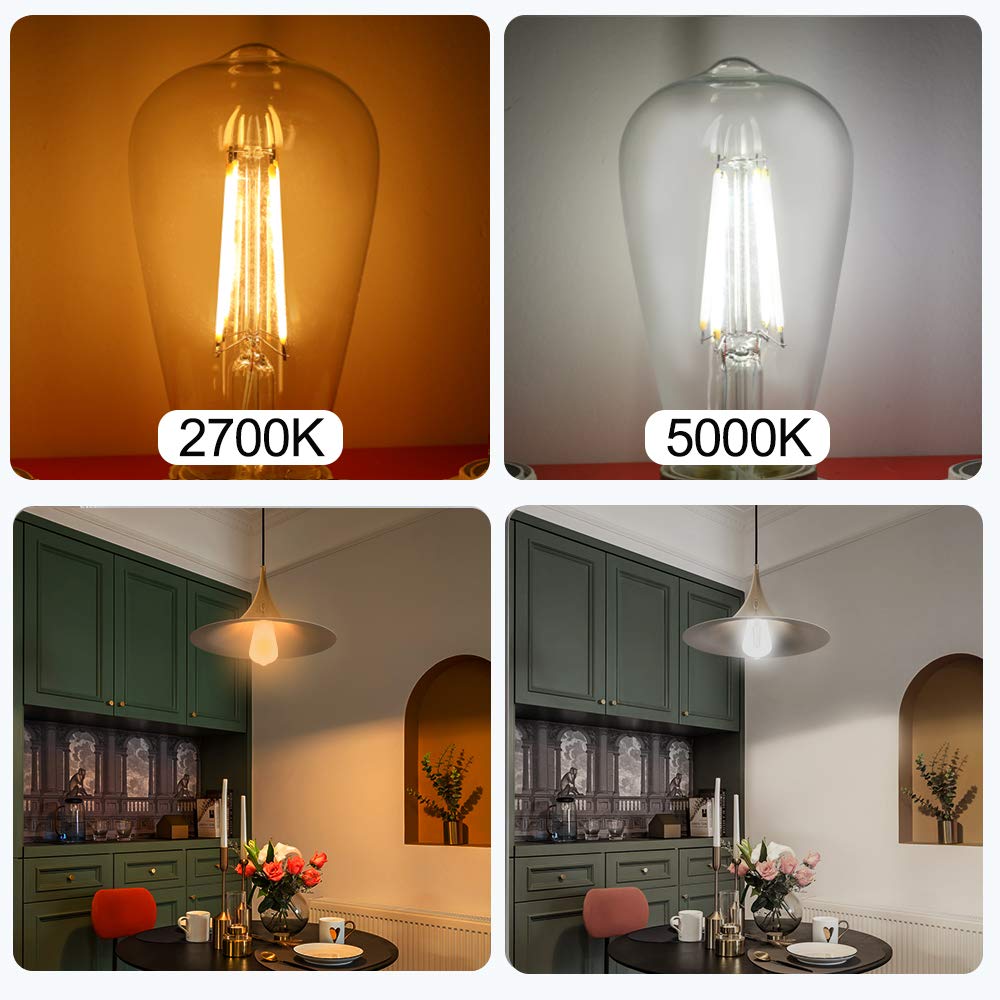 Energetic ST19 Vintage LED Edison Bulbs, 60W Equivalent, Daylight 5000K, E26 Base, 4 Pack, UL Listed