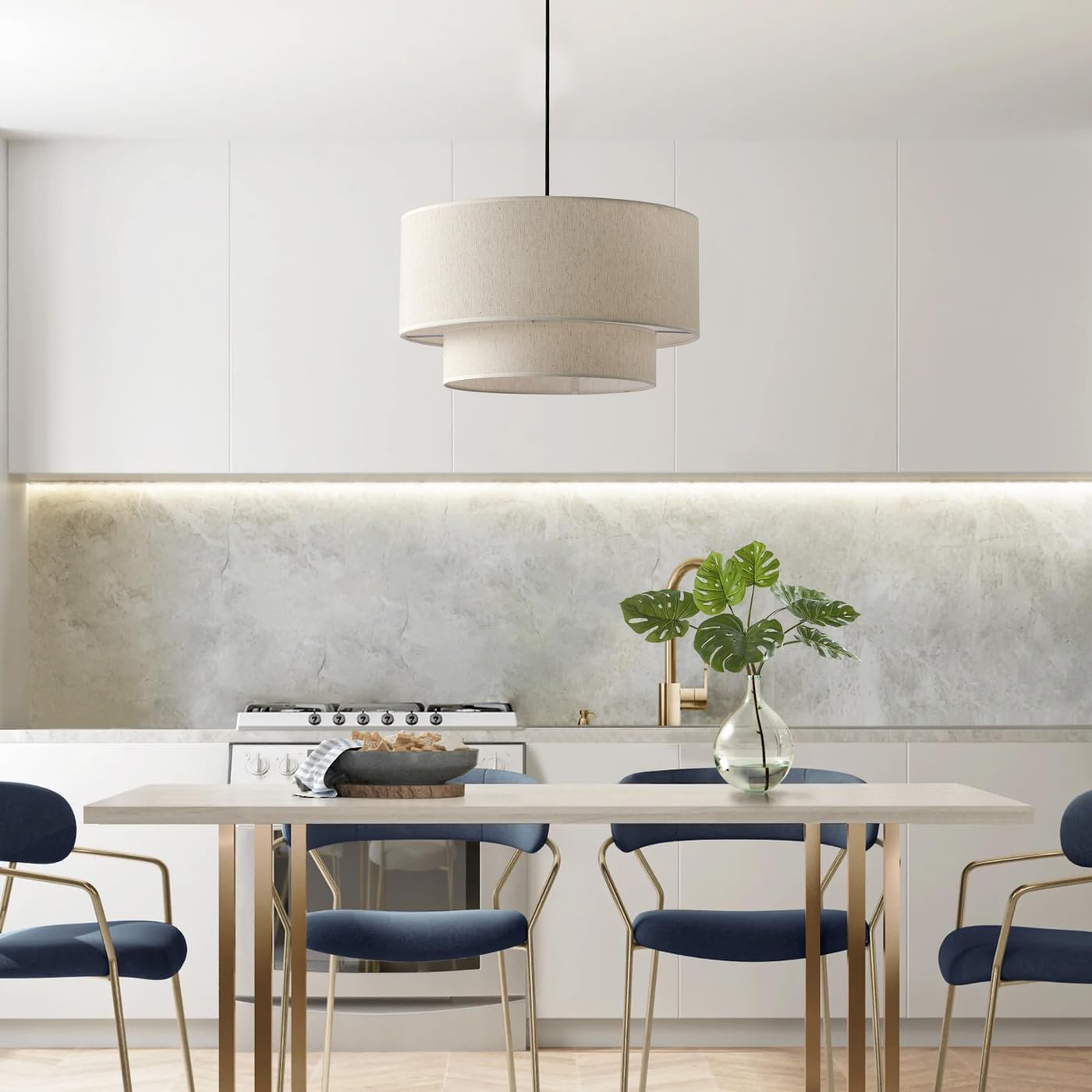 Aiwen Farmhouse Pendant Light - 20" 3-Light Off-White Drum Chandelier, Linen Lampshade, Model PAD-WH002 for Living Room, Kitchen, Dining Room
