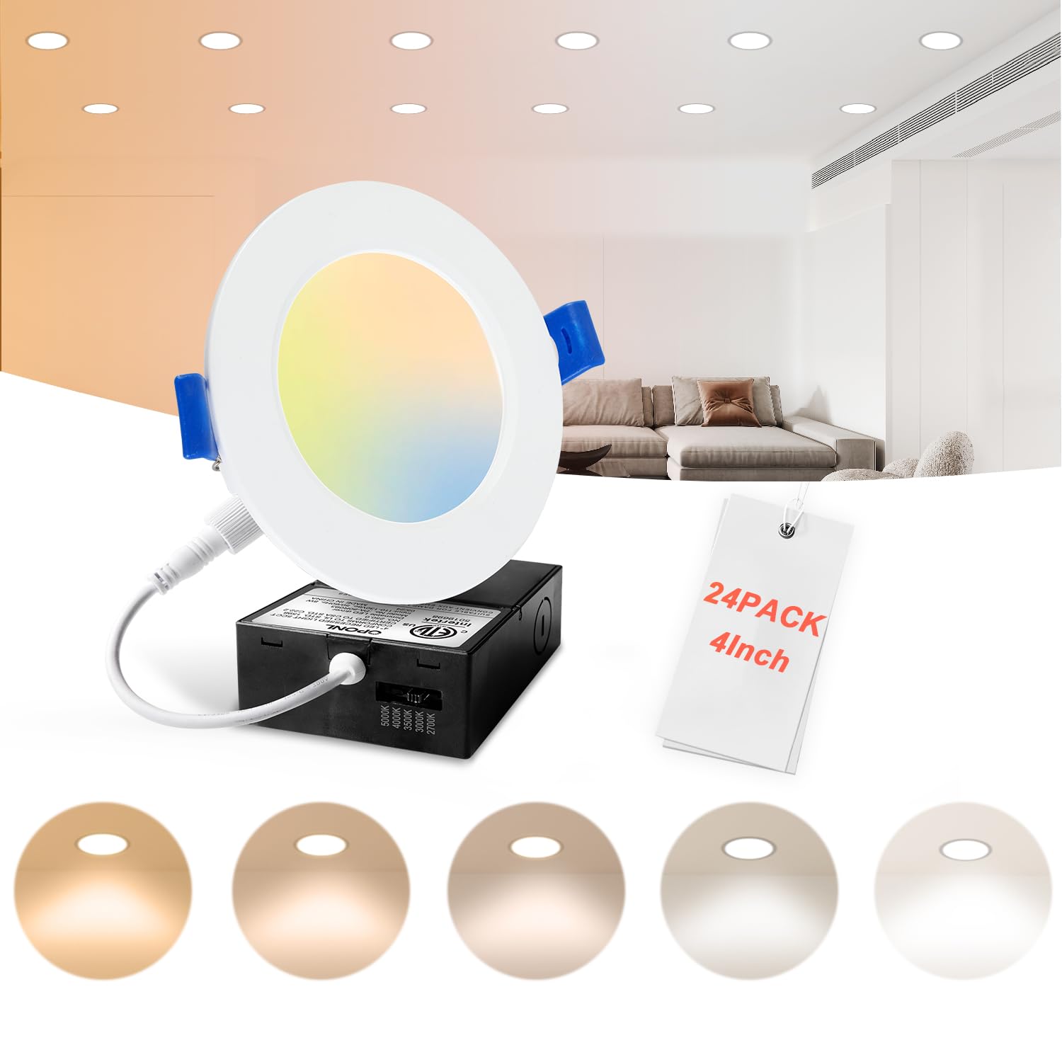 OPONL 24 Pack LED Recessed Lighting 4 Inch with Junction Box, 5CCT Ultra-Thin Recessed Light, 700LM High Brightness, Dimmable Ca