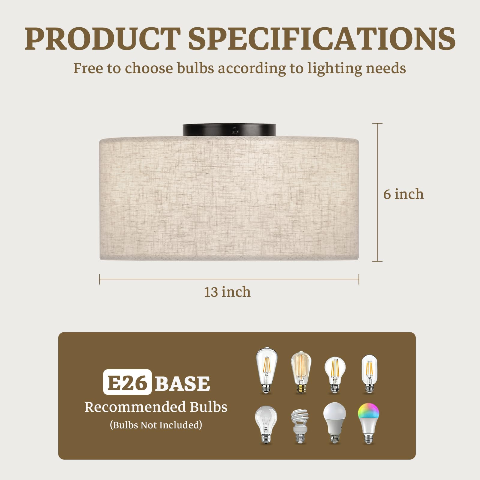 Vexagyle 13Inch Semi Flush Mount Ceiling Light Fixture,3-Light Ceiling Mount Drum Light Fixture With Linen Shade,Modern Close To