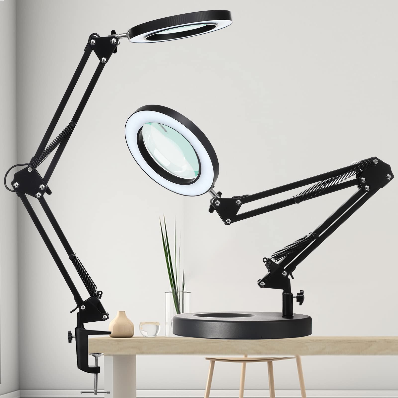 Kuvrs 10X Magnifying Glass With Light And Stand, 2-In-1 Led Magnifying Lamp, 3 Color Stepless Dimming Magnifier With Light, Real