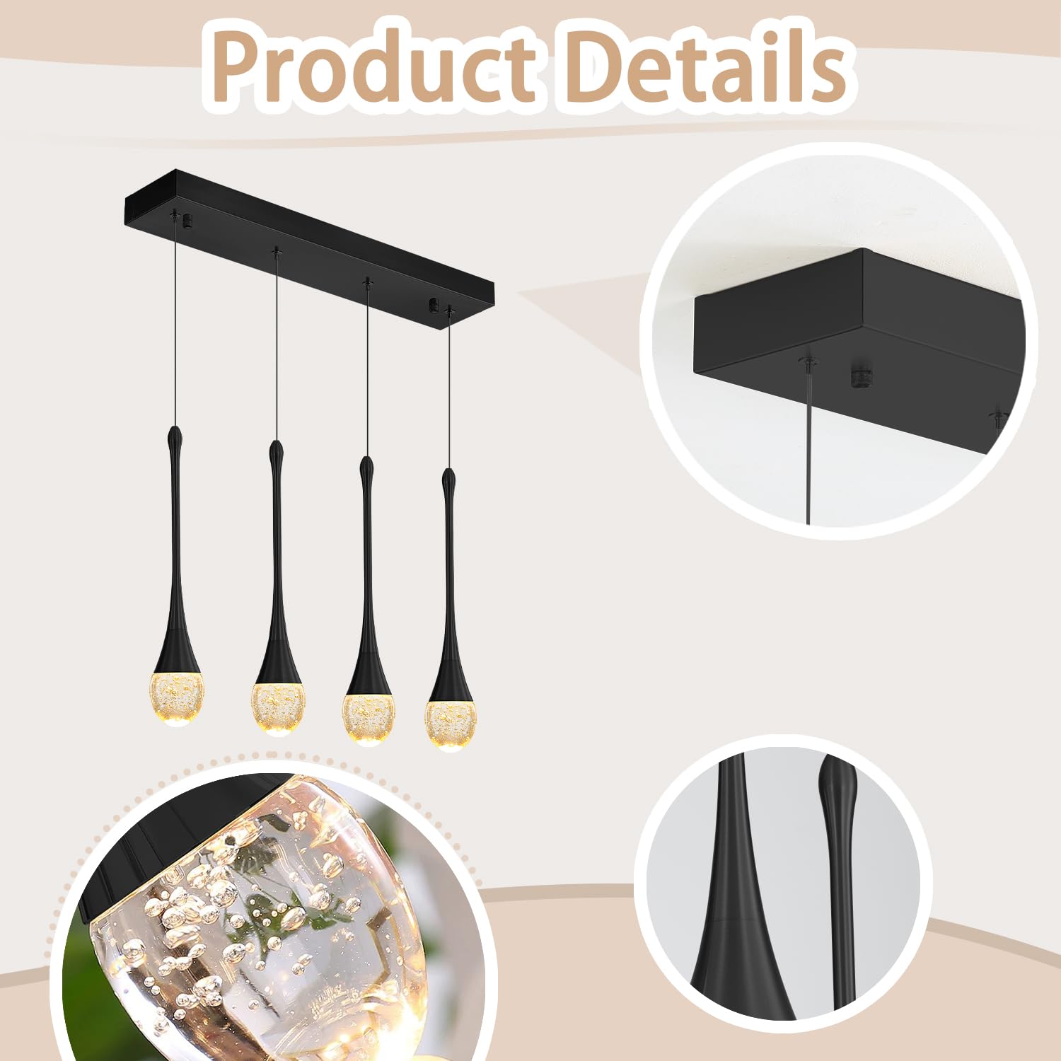 Ykolupty Dining Room Light Fixture 4-Light Black Kitchen Island Lighting Industrial Linear Crystal Chandeliers For Dining Room P