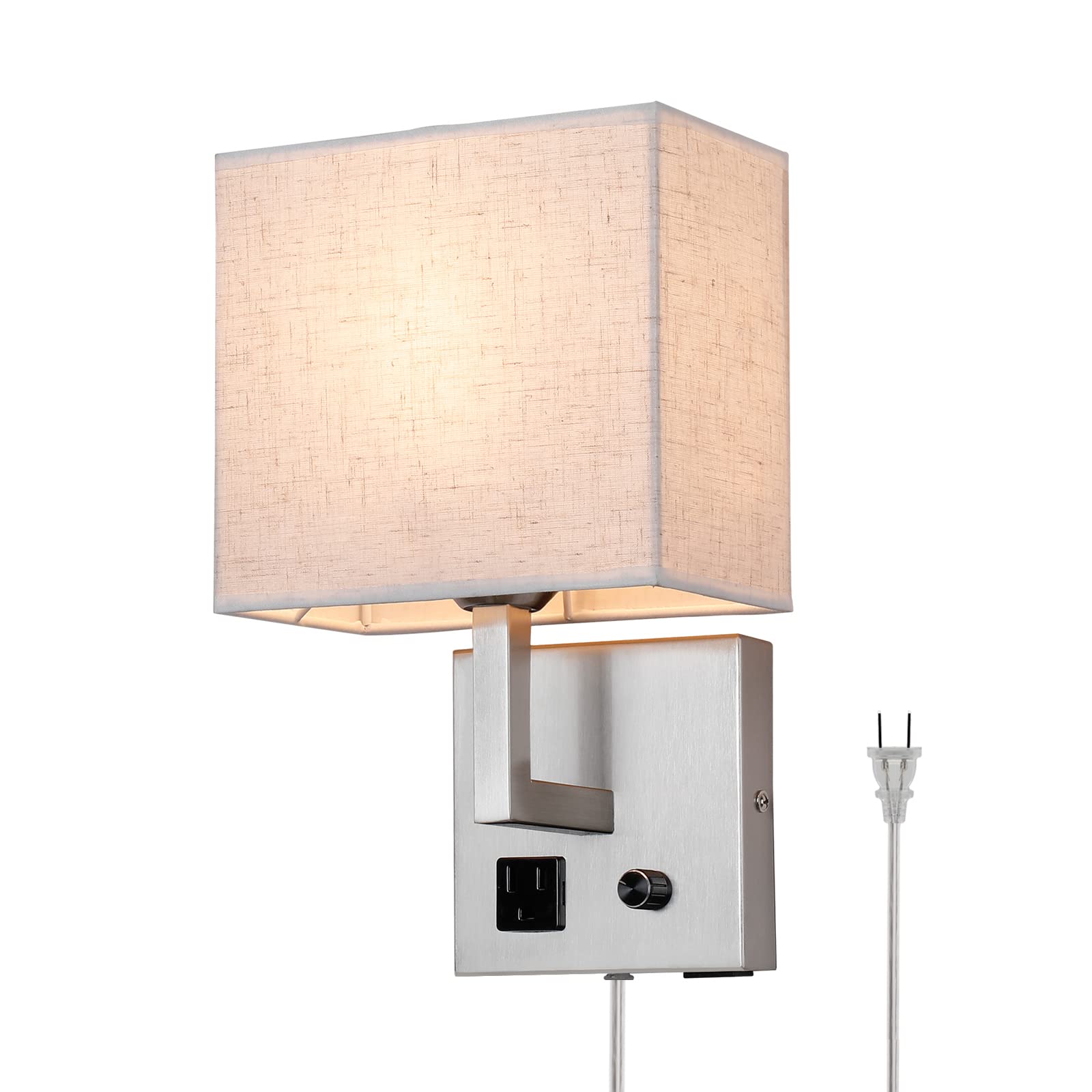 Plug in Wall Sconce, Bedside Wall lamp with Plug and dimmable Switch, with USB Charging Port and Socket, Suitable for Hotel, Cor