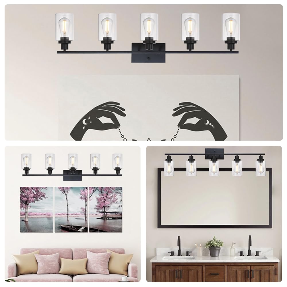 Melucee 40 Inches Length 5-Light Bathroom Vanity Light Fixtures Black Industrial Wall Sconce Lighting With Clear Glass Shade For