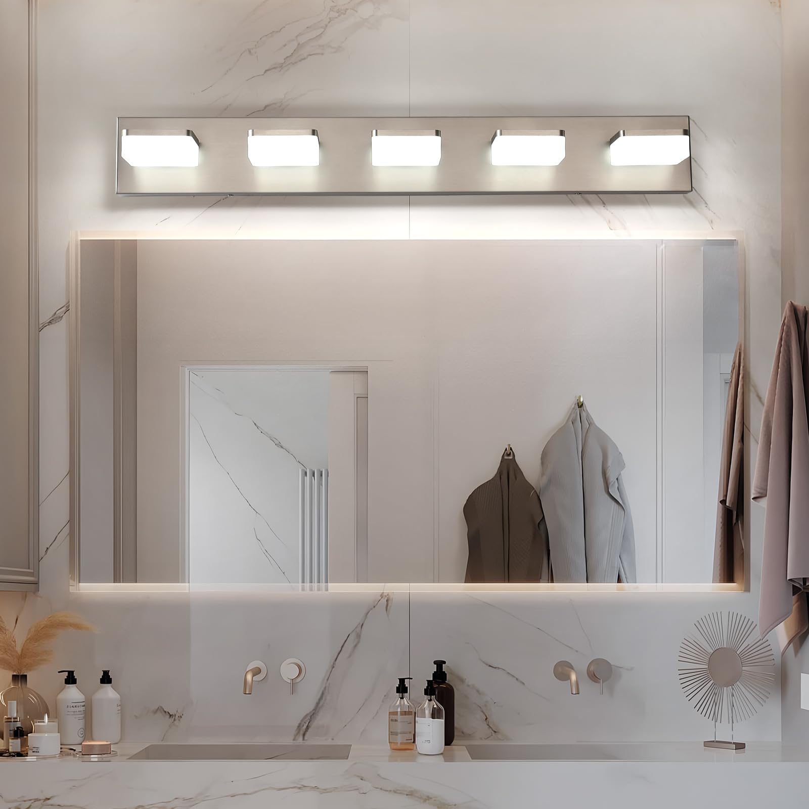 Bicrink 5-Light Brushed Nickel Vanity Light Fixture, 32" Modern LED Bath Lighting for Mirror, Model 9811-N-5T