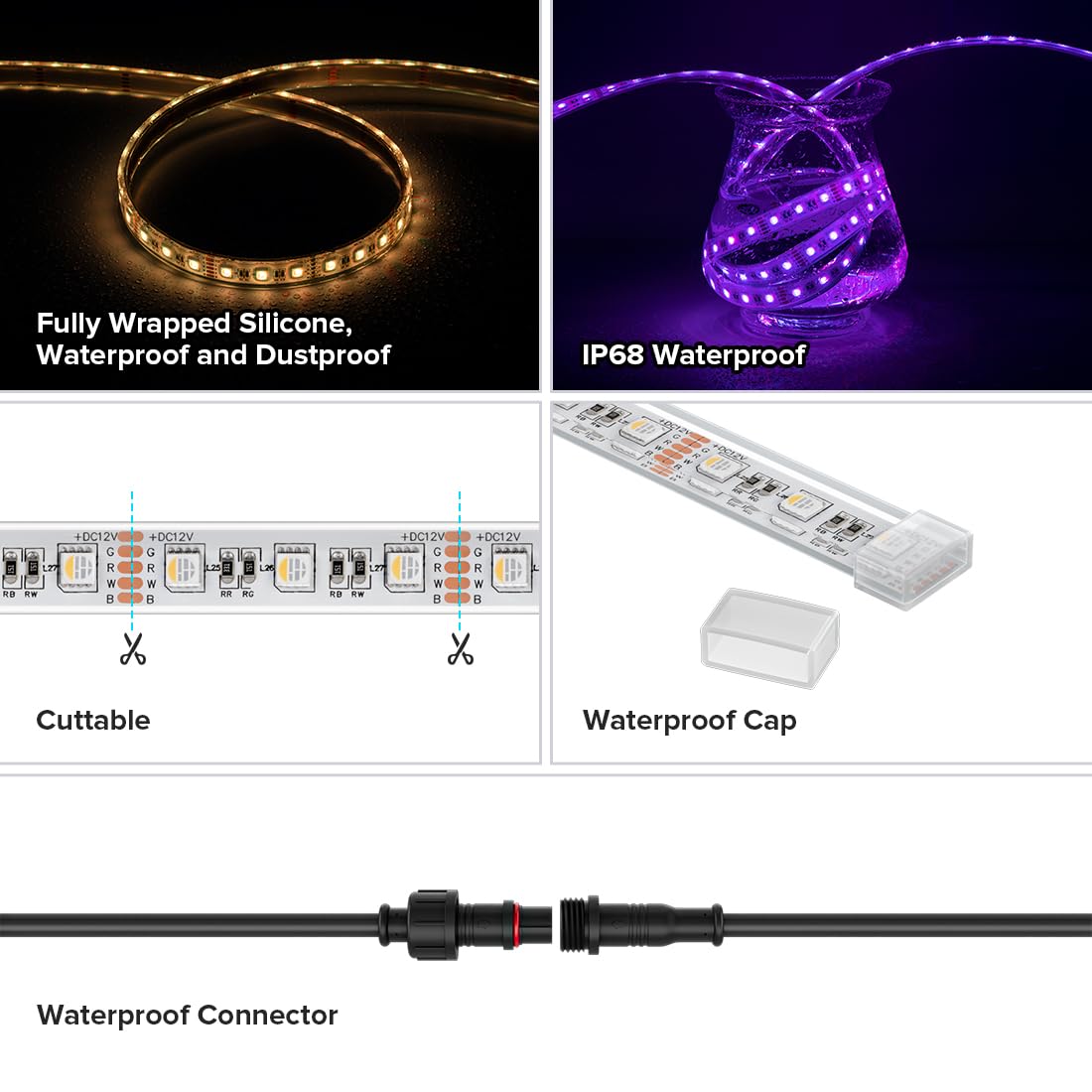 Btf-Lighting Ip68 Waterproof Outdoor Rgbw Led Strip 5050Smd Rgb+Warm White(3000K-3500K)4 Color In 1 Dc12V 16.4Ft 5M 60Led/M Mult