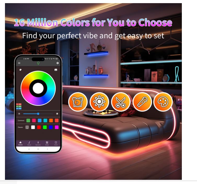 Nbbuff Led Lights For Bedroom 200Ft(2 Rolls Of 100Ft), Rgb Led Lights Strip Sync With Music, Smart App Controlled Led Strip Ligh