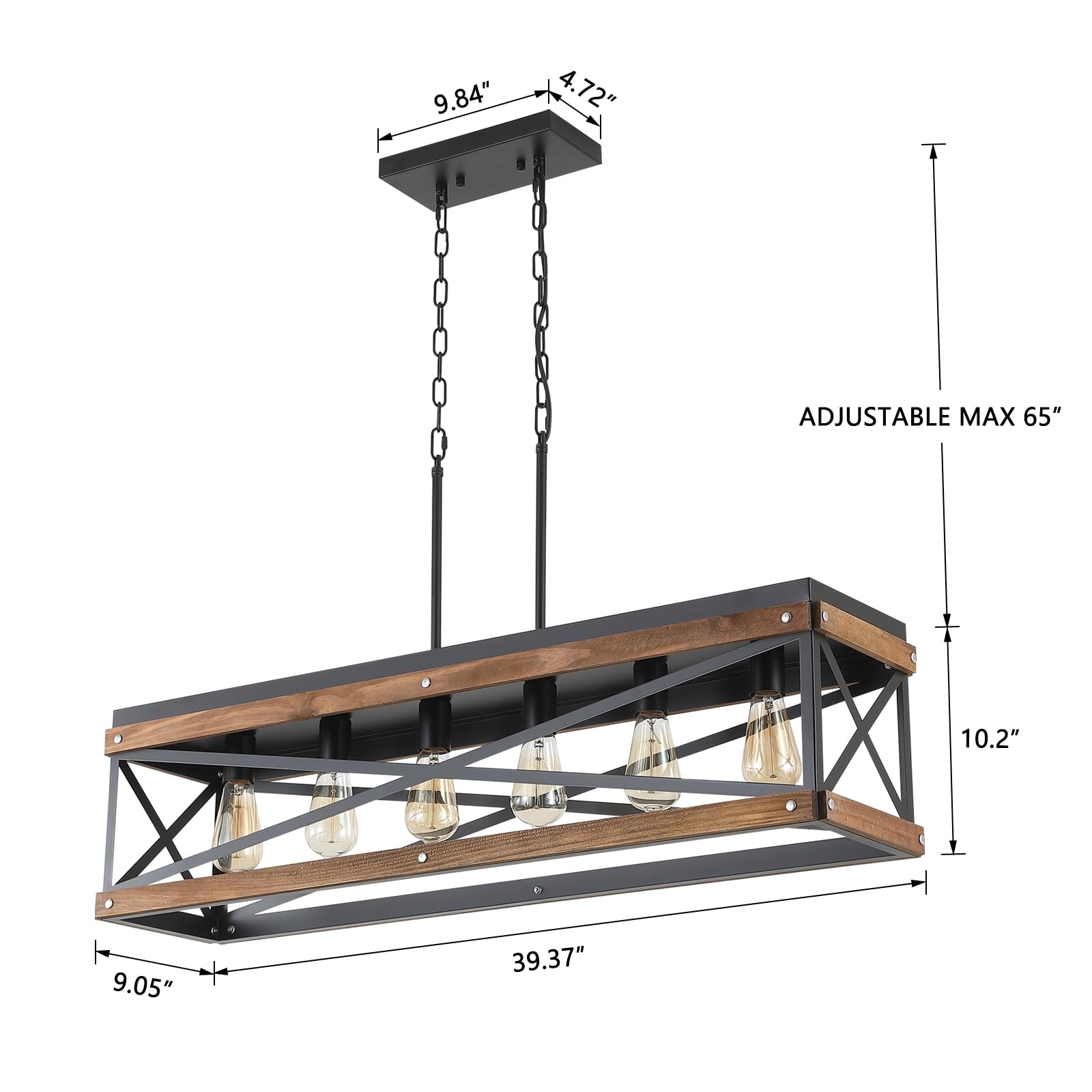 Rustic Farmhouse Wood Kitchen Island Lighting  6 Lights Rectangular Pendant Light Fixture  Adjustable Chain Oak Wood And Metal Linear Chandelier For Dining Room Kitchen Island Farmhouse  Black