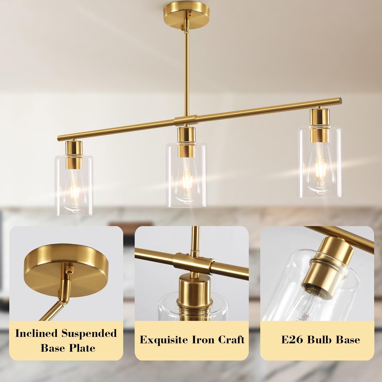 Yarlkav 3-Light Kitchen Island Lighting - Gold Metal Linear Chandelier with Glass Shades, Model D0068-3-BR for Dining Room