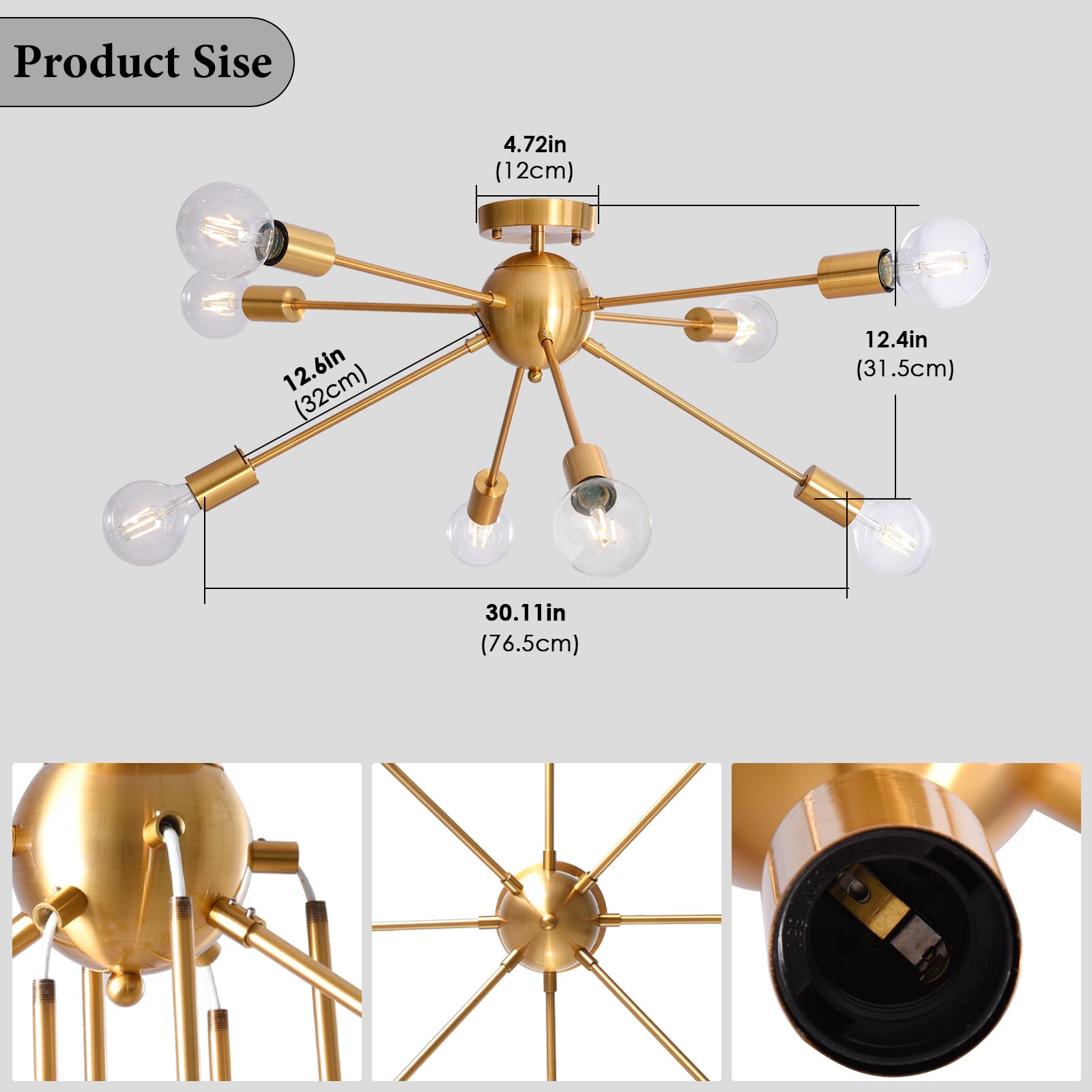 Kostomo 8 Light Sputnik Ceiling Light Brushed Gold Chandelier Brass Rustic Semi Flush Mount Ceiling Light Modern Kitchen Light Fixtures Chandeliers For Dining Room Bedroom Kitchen Ceiling Light