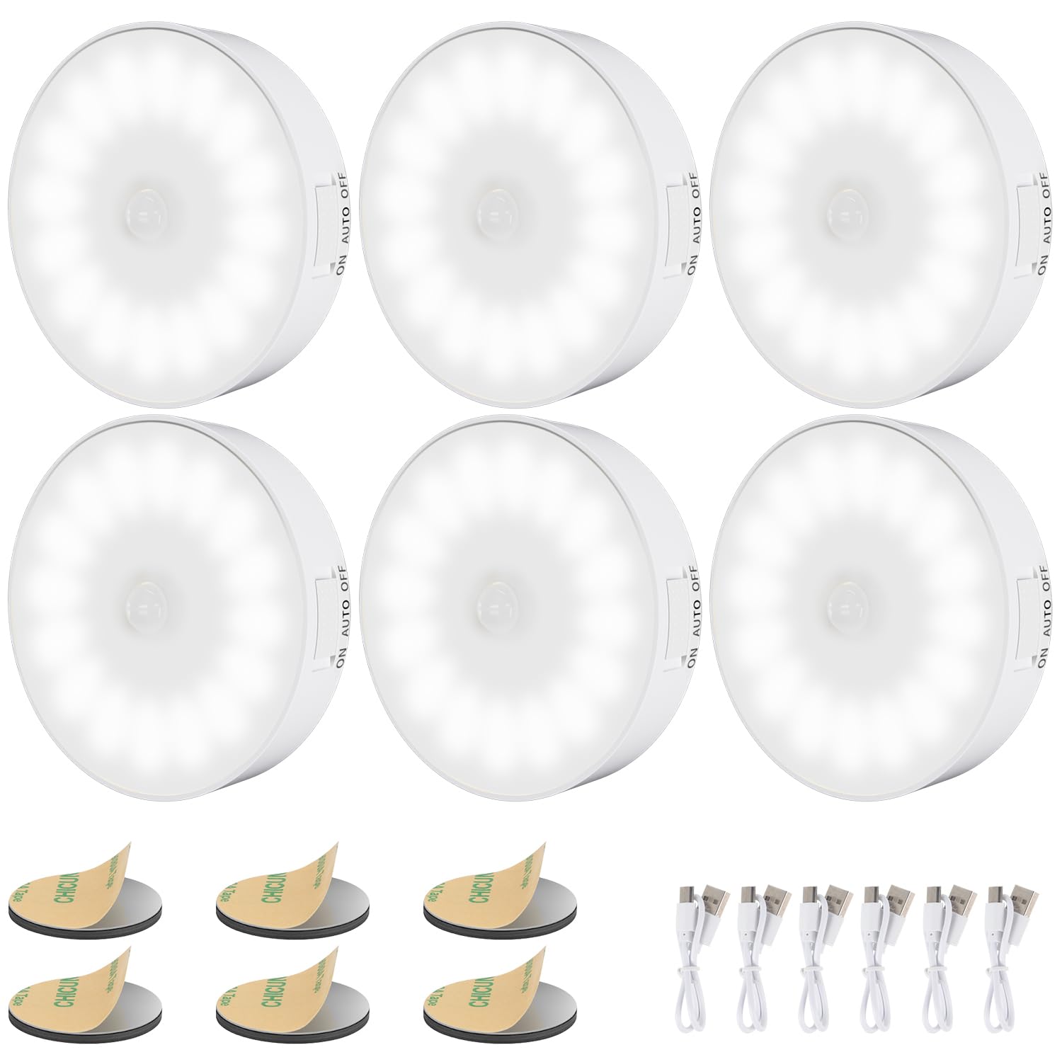 Electight 6 Pack Motion Sensor Light Indoor [Upgraded 14 LEDs], USB Rechargeable Night Light, Long Last Battery & 3 Light Modes,