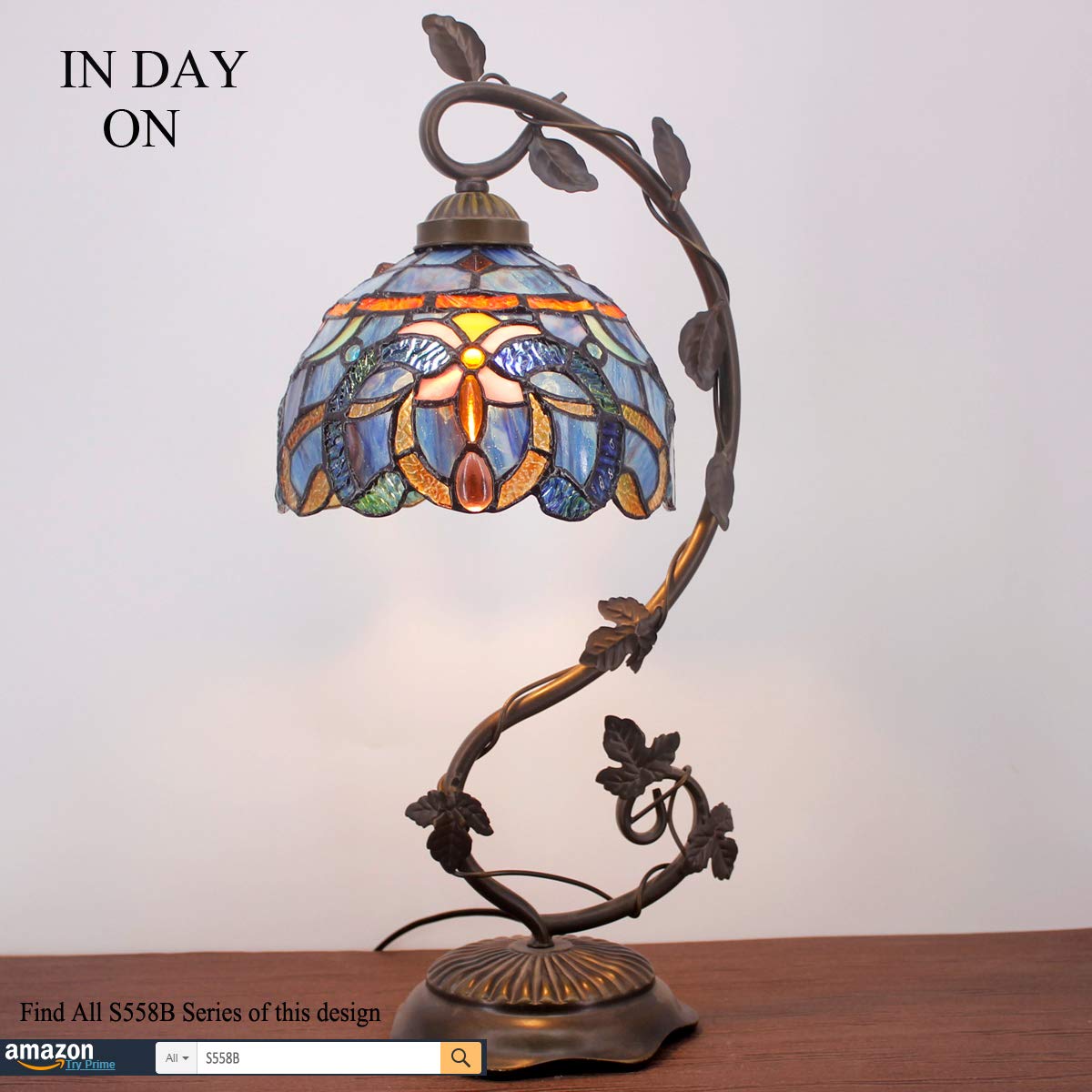 WERFACTORY Tiffany Table Lamp, Blue Purple Cloudy Glass, 8X10X21 Inches, Metal Leaf Base, S558 Series, Ideal for Bedroom or Office