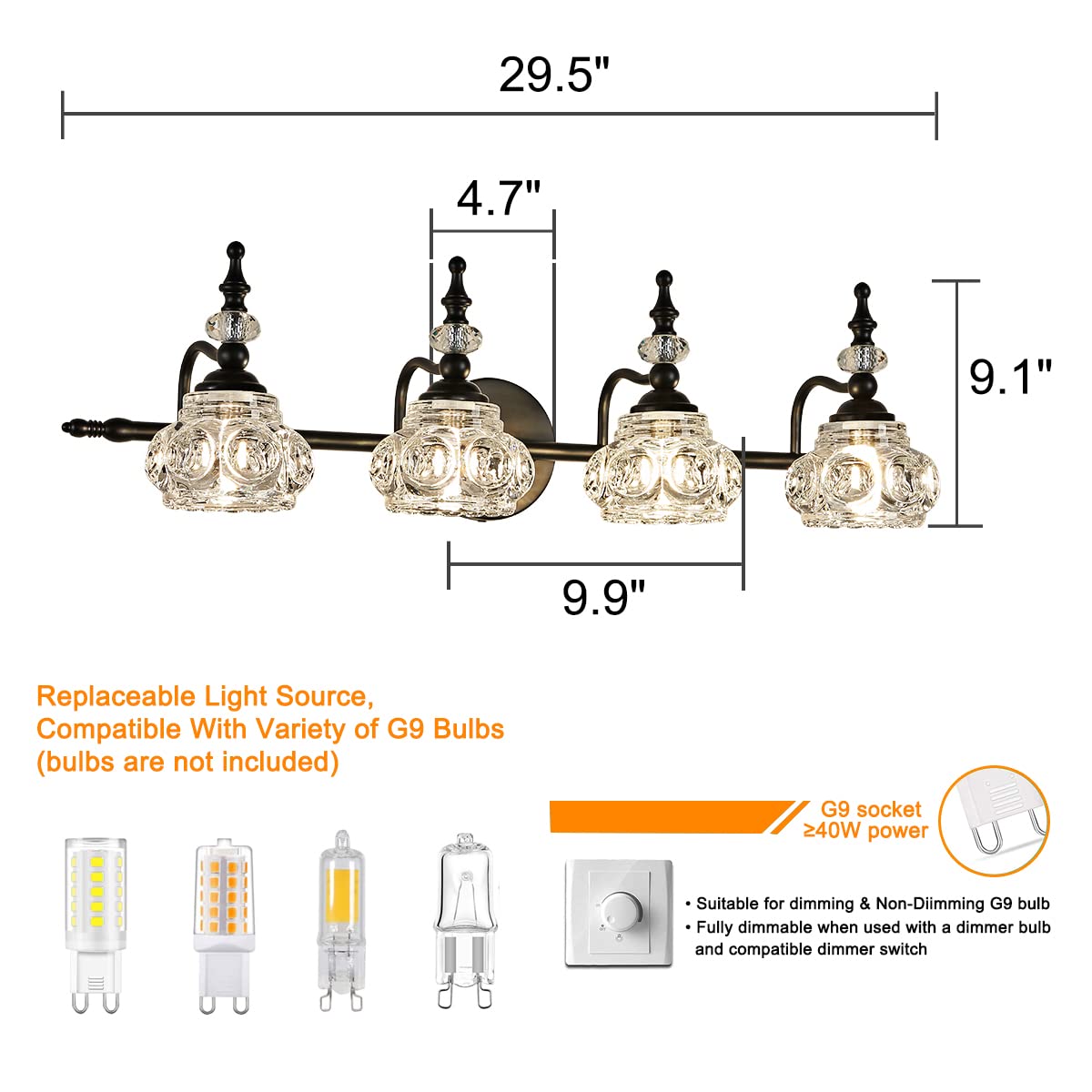 Zilanl 4-Light Vanity Light Fixture - Black Vintage Bathroom Lighting With Crystal Glass Shade