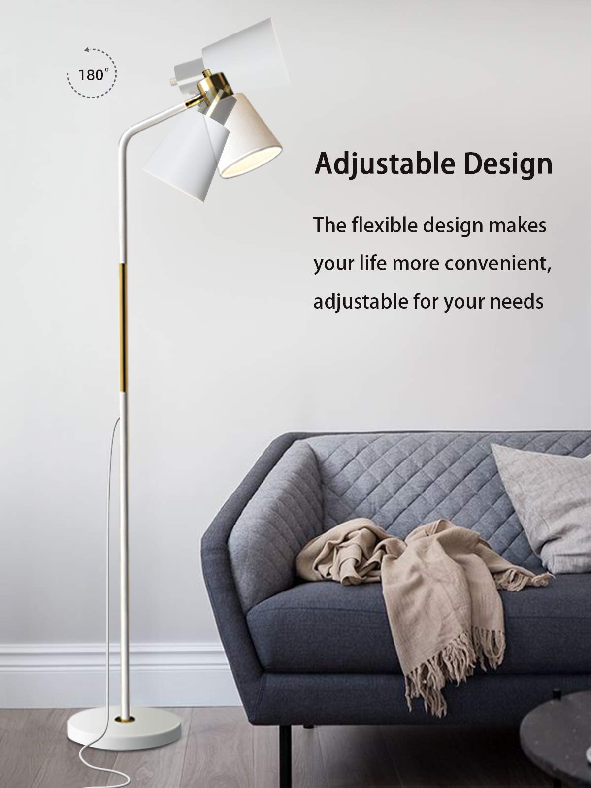 LALISU Industrial Floor Lamp - Adjustable Metal Heads, Rustic White Design for Living Room & Bedroom Home Décor
