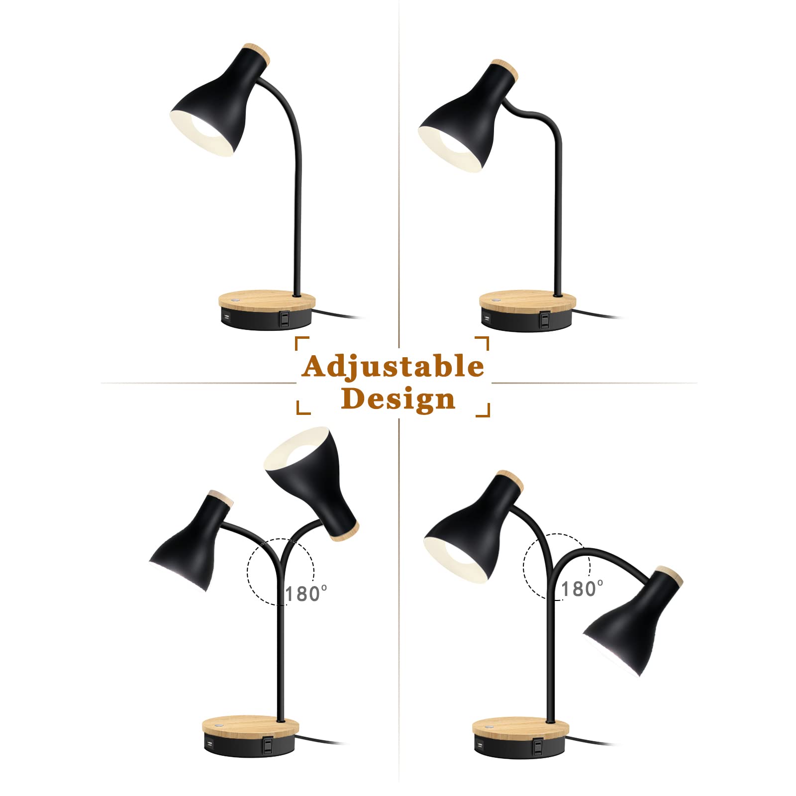 LALISU Metal Desk Lamp - Wireless Charging, 3-Way Dimmable, Touch Control, USB Ports, Black-02, Model LALITB004