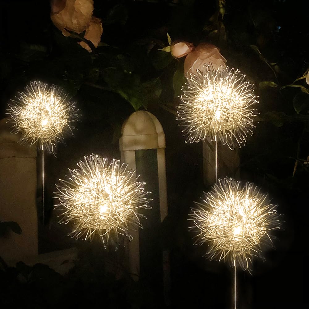 GUOCHENG Solar Garden Lights, Waterproof Metal Dandelion Lights, 4 Pack, Outdoor Patio Yard Pathway Decor, Model GC-Solar
