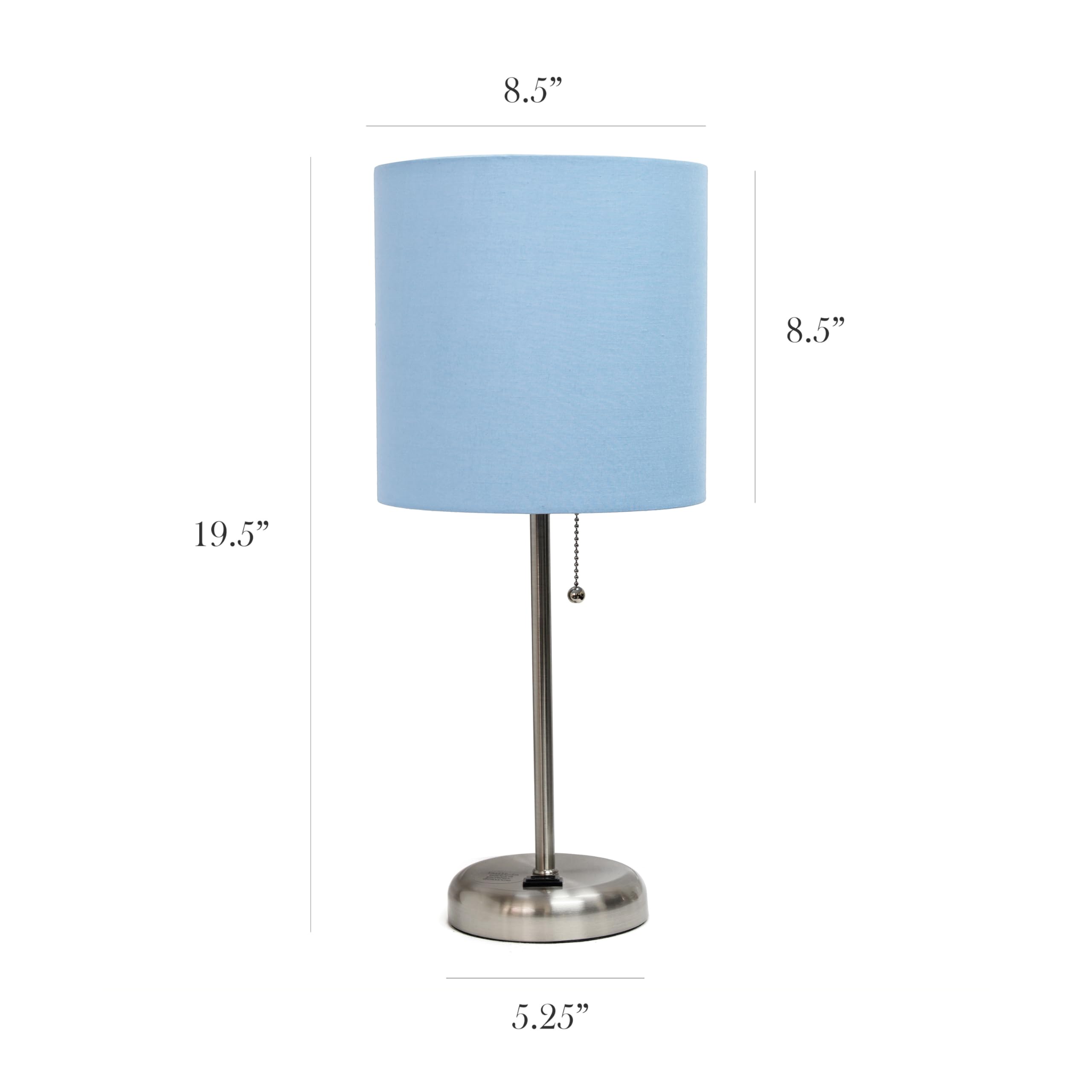 Simple Designs Lc2001-Blu-2Pk Brushed Steel Stick Table Lamp Set With Charging Outlet And Blue Fabric Shades, 2 Pack Set