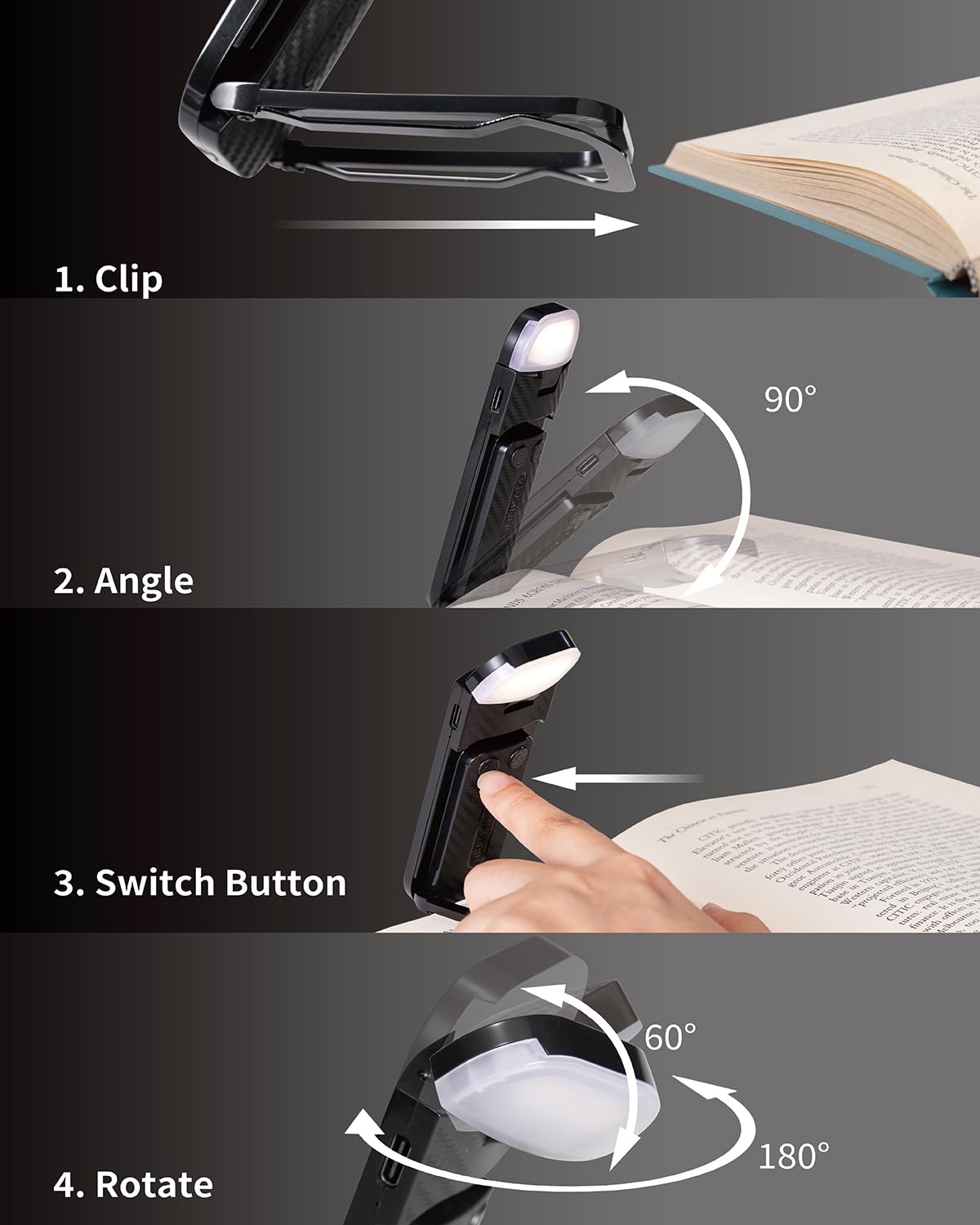 HEMONNKAM Book Reading Light, Rechargeable Clip-On, 3 Color Temperatures, 5 Brightness Levels, Black+Pink, Model Book Light-106