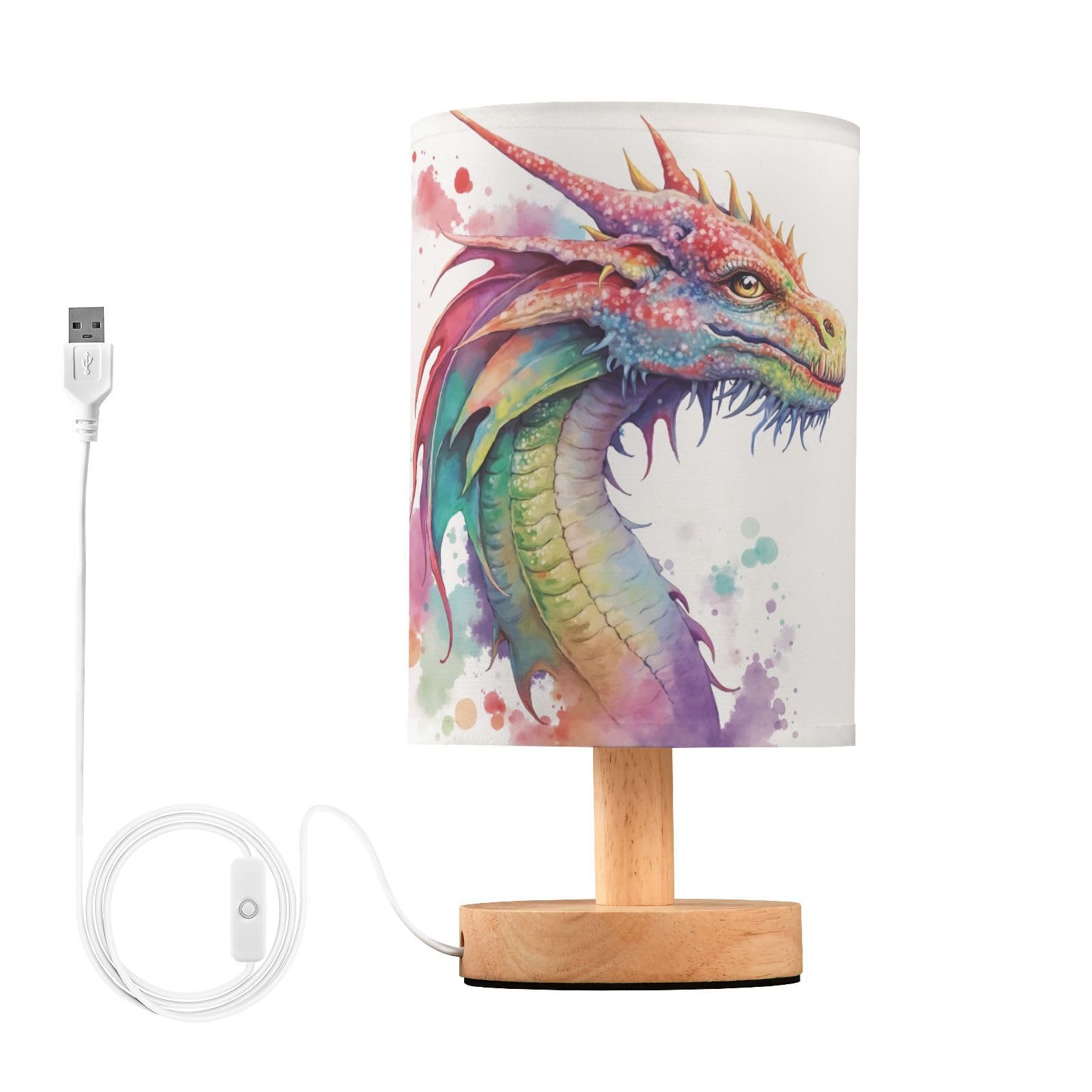 BOENLE Bedside Lamp Watercolor Dragon Table Lamp for Bedroom LED Nightstand Lamp Shade USB Ports Wood Base for Living Room Dorm 