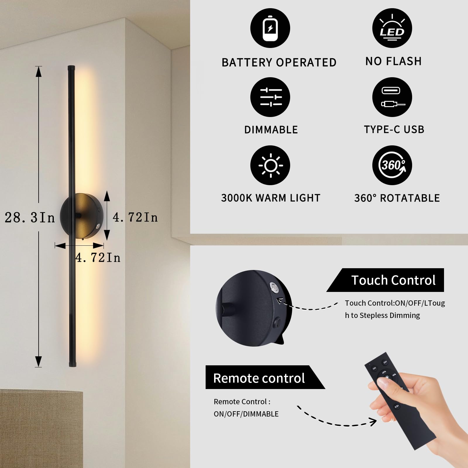 Tropwellhouse Battery Operated Wall Sconces Set of Two, USB Rechargeable, Dimmable LED, 28.3Inch, Black, Model 0112B