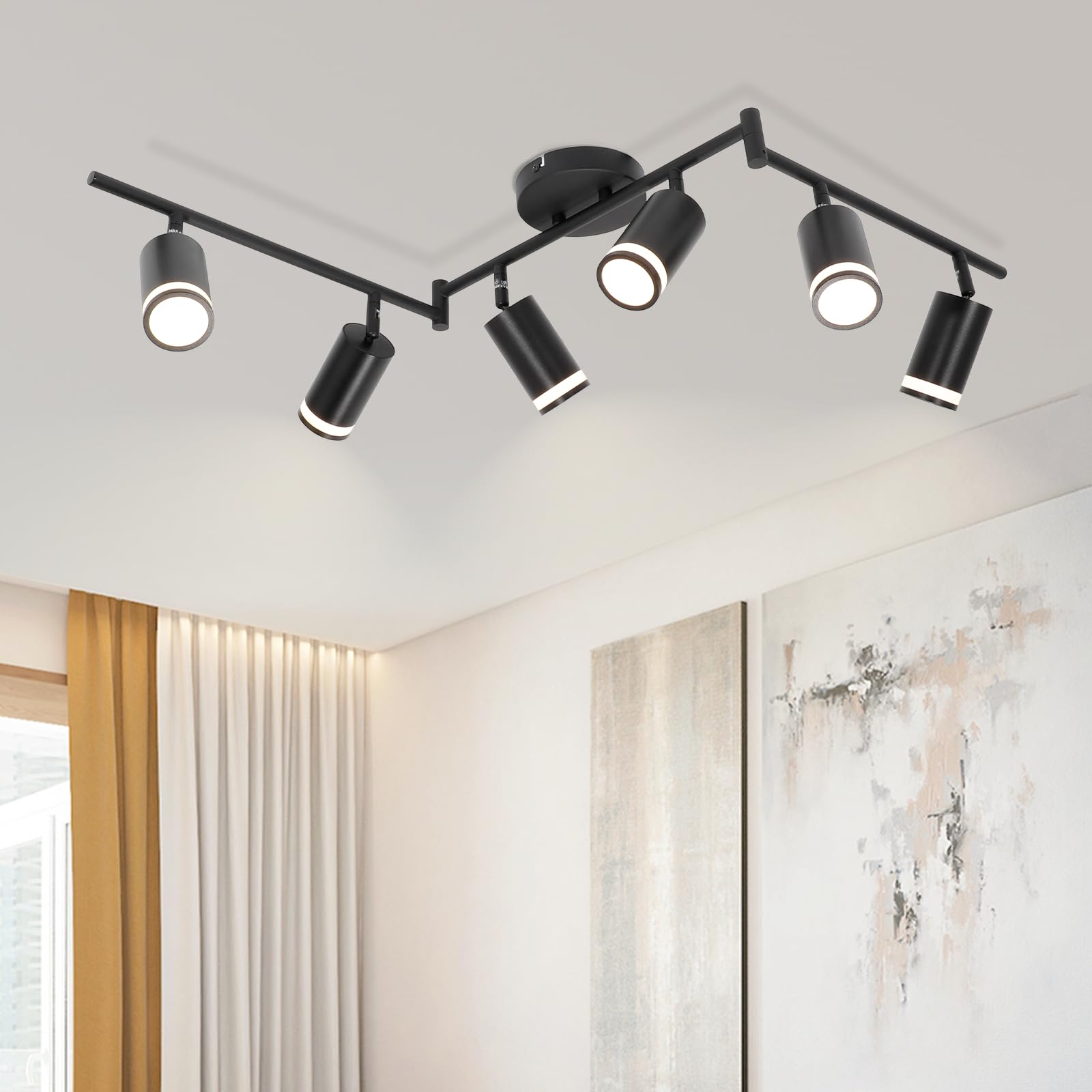 Ketom 6-Light Track Lighting Fixtures Ceiling, Gu10 Black Led Ceiling Spotlight, Modern Track Light Kit For Kitchen Bedroom Living Room