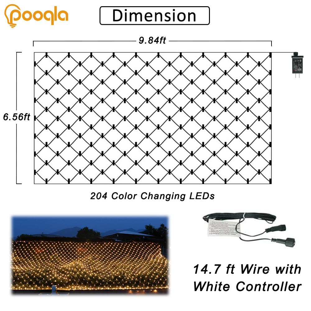 Pooqla Color Changing LED Mesh Lights, 204 LED, 9.8x6.6 ft, Durable Plastic, White, Connectable with Remote for Indoor/Outdoor Decor