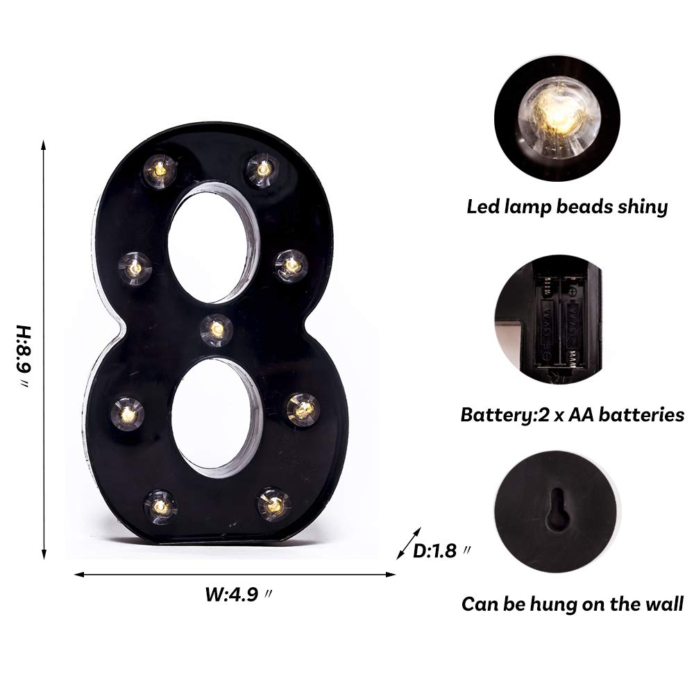 Foaky Black LED Marquee Number Lights, Battery Powered for Wedding/Birthday, Home Bar Decoration, Made of Acrylonitrile Butadiene Styrene