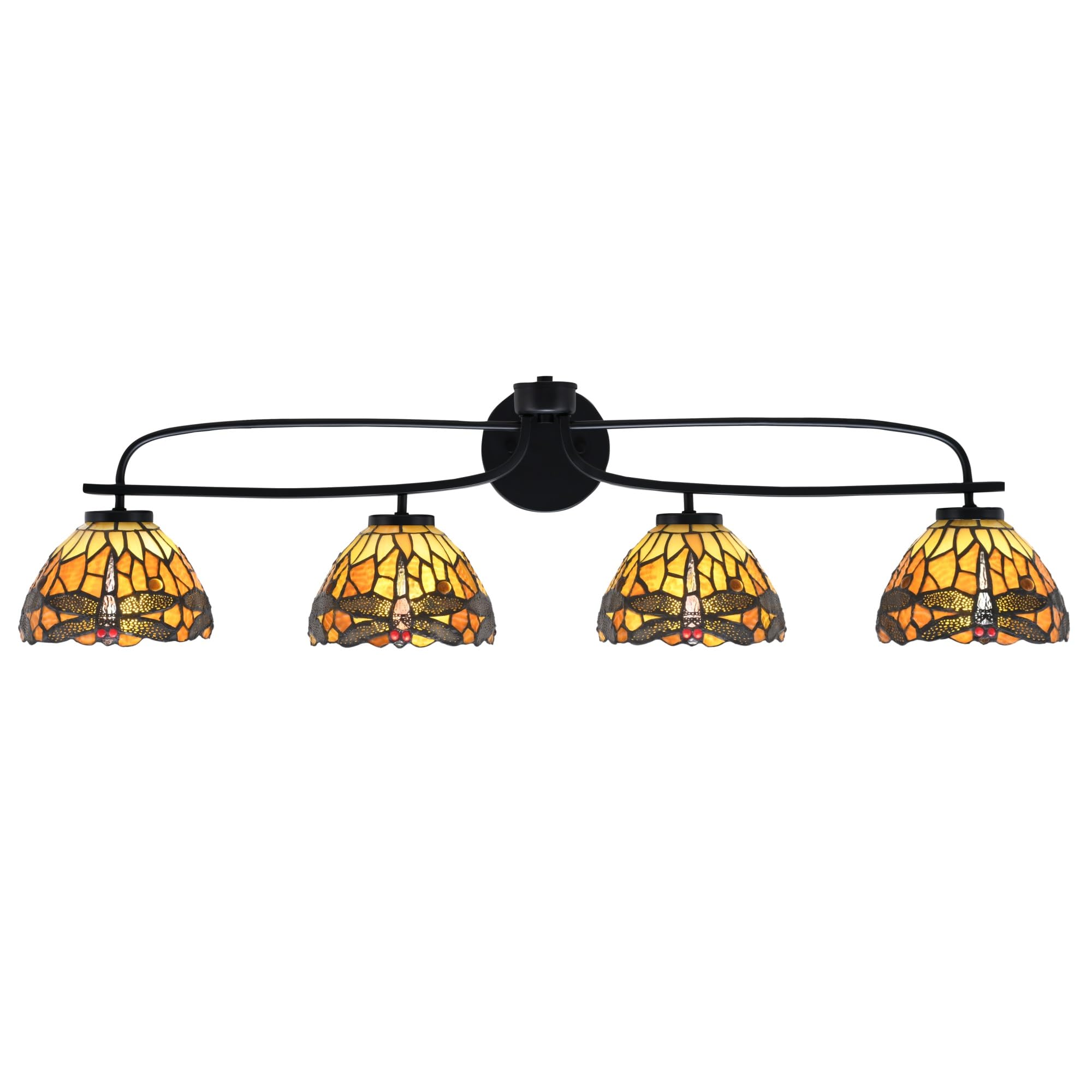 Cavella 4 Light Bath Bar Shown In Matte Black Finish With 7" Amber Dragonfly Art Glass