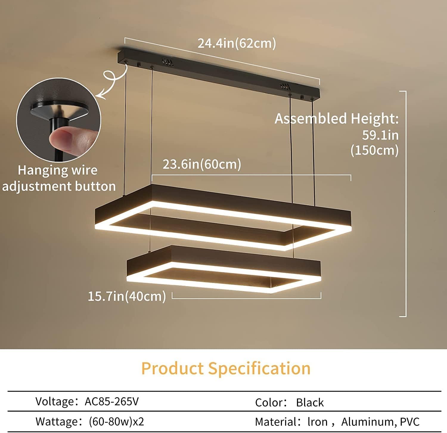 Matven Modern Pendant Lights - Dimmable LED Chandelier, 2-Ring Rectangles, Black, 15.7+23.6in for Living Room, Kitchen, Dining Room