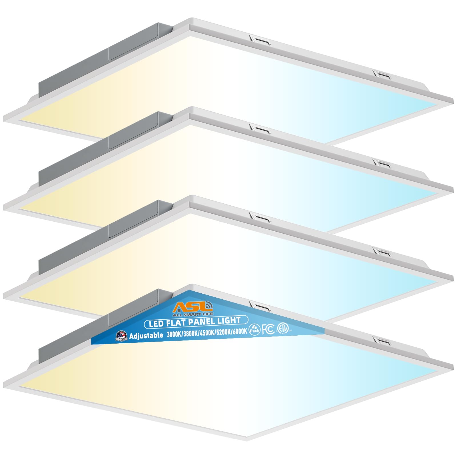 2x2 LED Flat Panel Lights for Drop Ceiling 4-Pack  40W/4998Lumens Triac Dimmable  5CCT (3000K~6000K)  IP42  2Ftx2Ft Back-Lit Recessed Troffer Light Fixtures for Shop Commercial Office  ETL