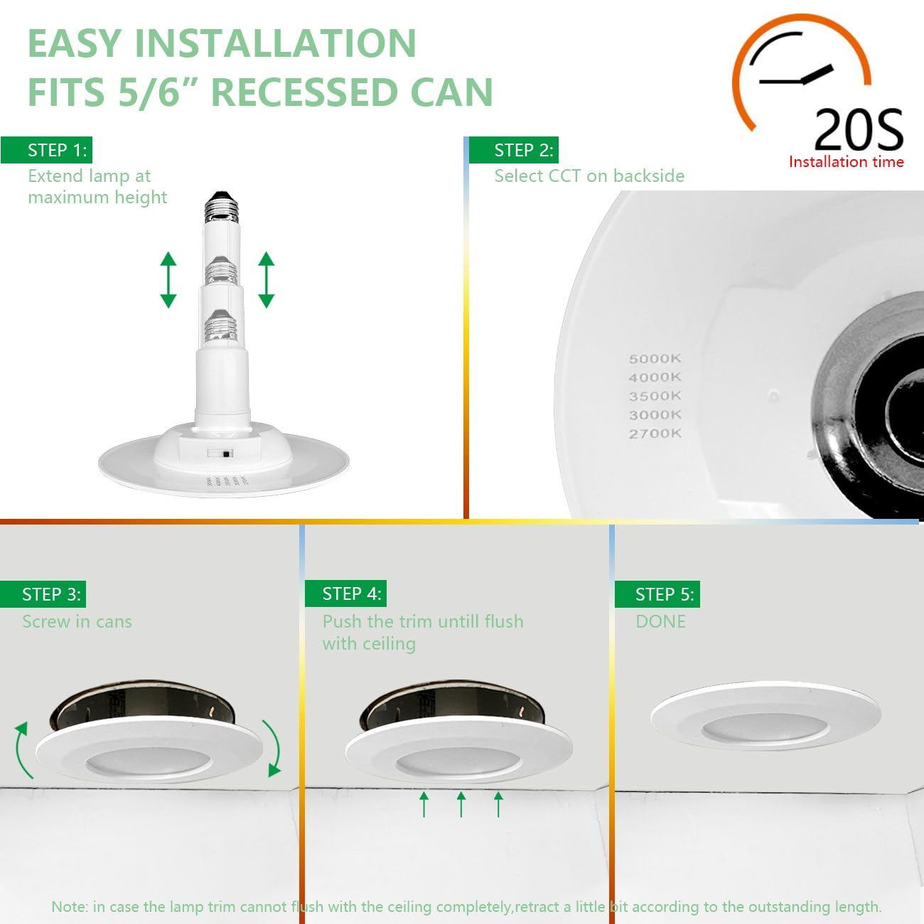 Soliseed 4-Pack 5/6 Inch 5Cct Retrofit Led Recessed Lighting,Selectable 2700K/3000K/3500K/4000K/5000K Adjustable Retrofit Downlight,12W=60W,800Lm,Dimmable Can Lights,Bevel Trim