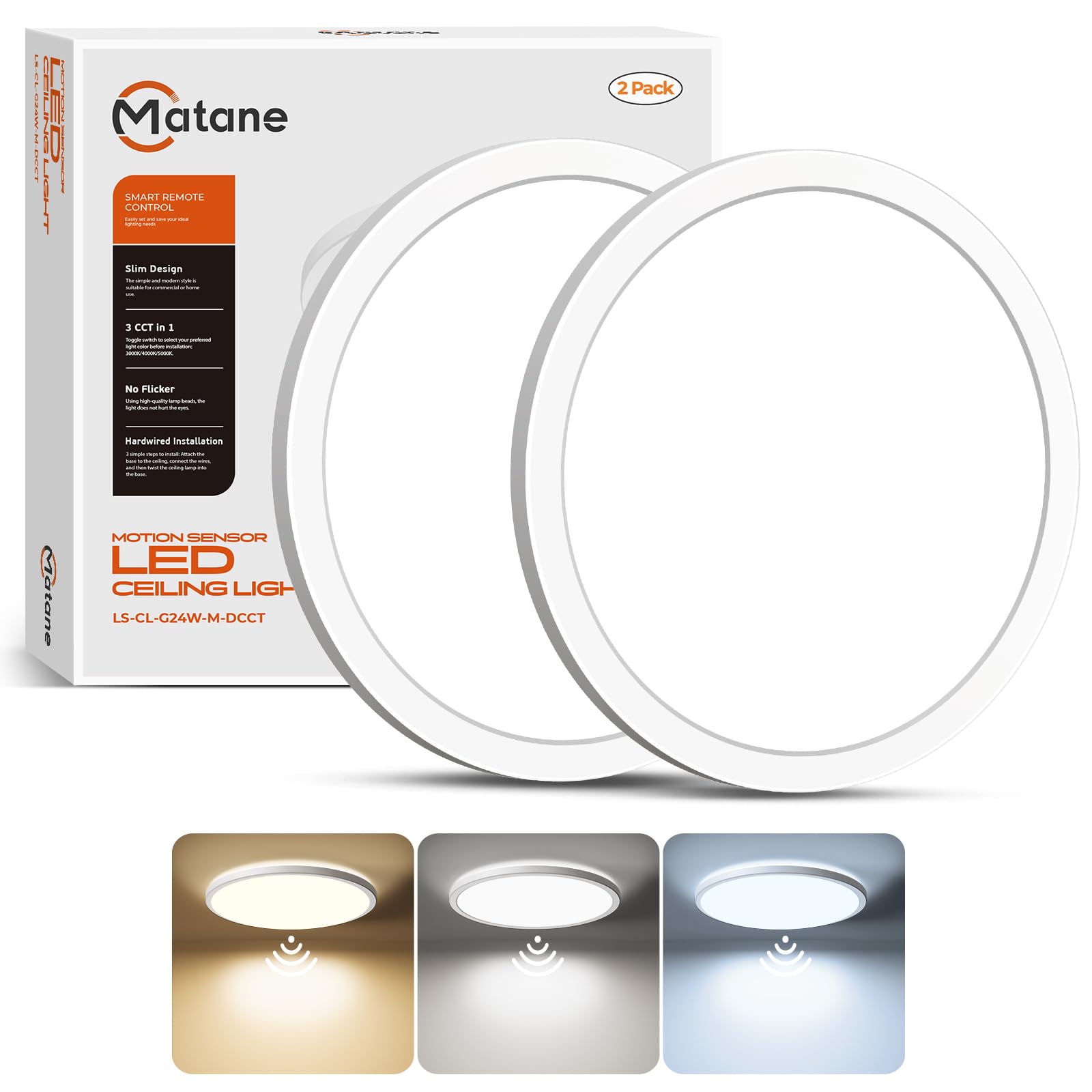 Matane 2Pack Motion Sensor Led Ceiling Light With Remote, 12 Inch Wired Flush Mount Ceiling Light 3000K 4000K 5000K, 2400Lm Dimm