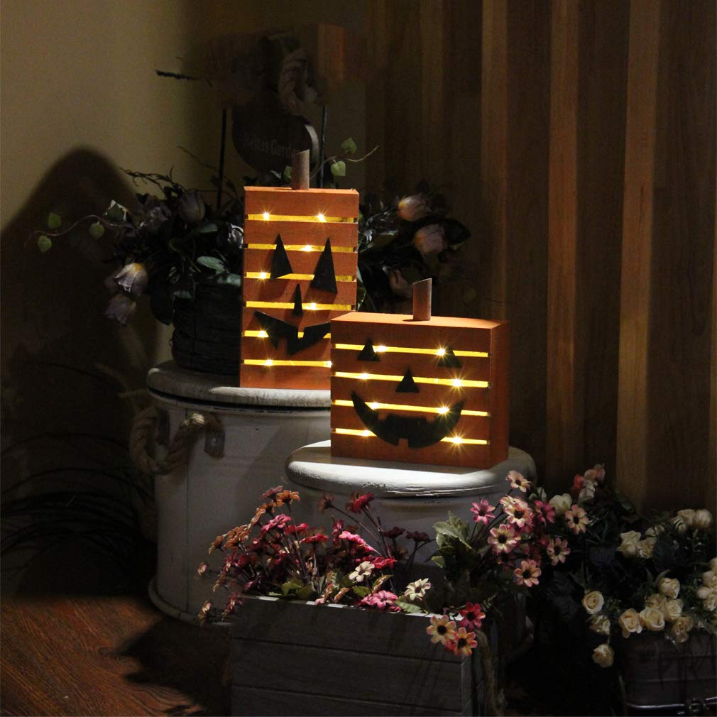 Mortime 2 Pack Pumpkin Wooden Light Halloween Decorations, Harvest Fall Thanksgiving Party Decoration With Led Light