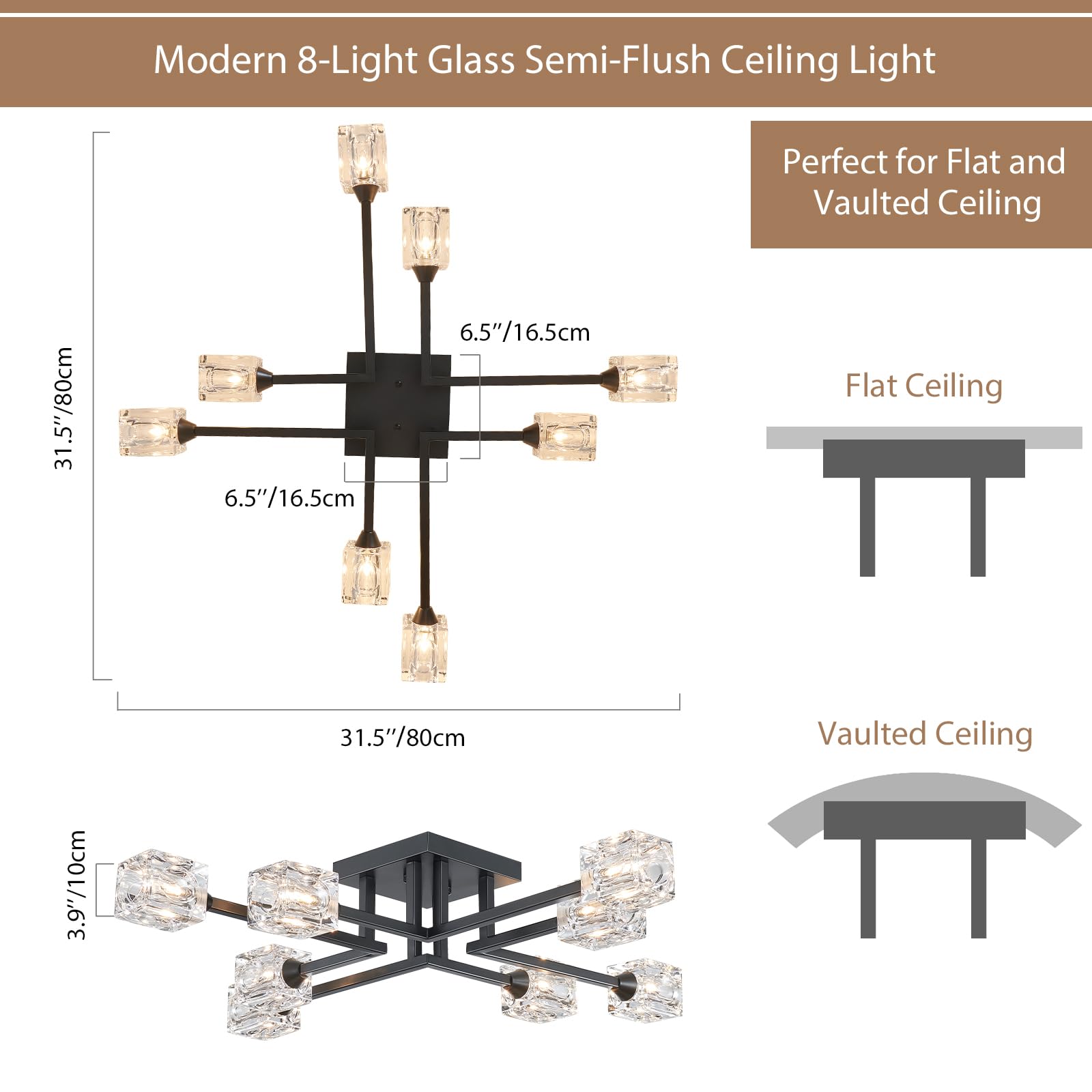 Peskoe Black Industrial Ceiling Light Fixtures, 8-Light Vintage Farmhouse Sputnik Chandeliers For Dining Room, Living Room, Kitc