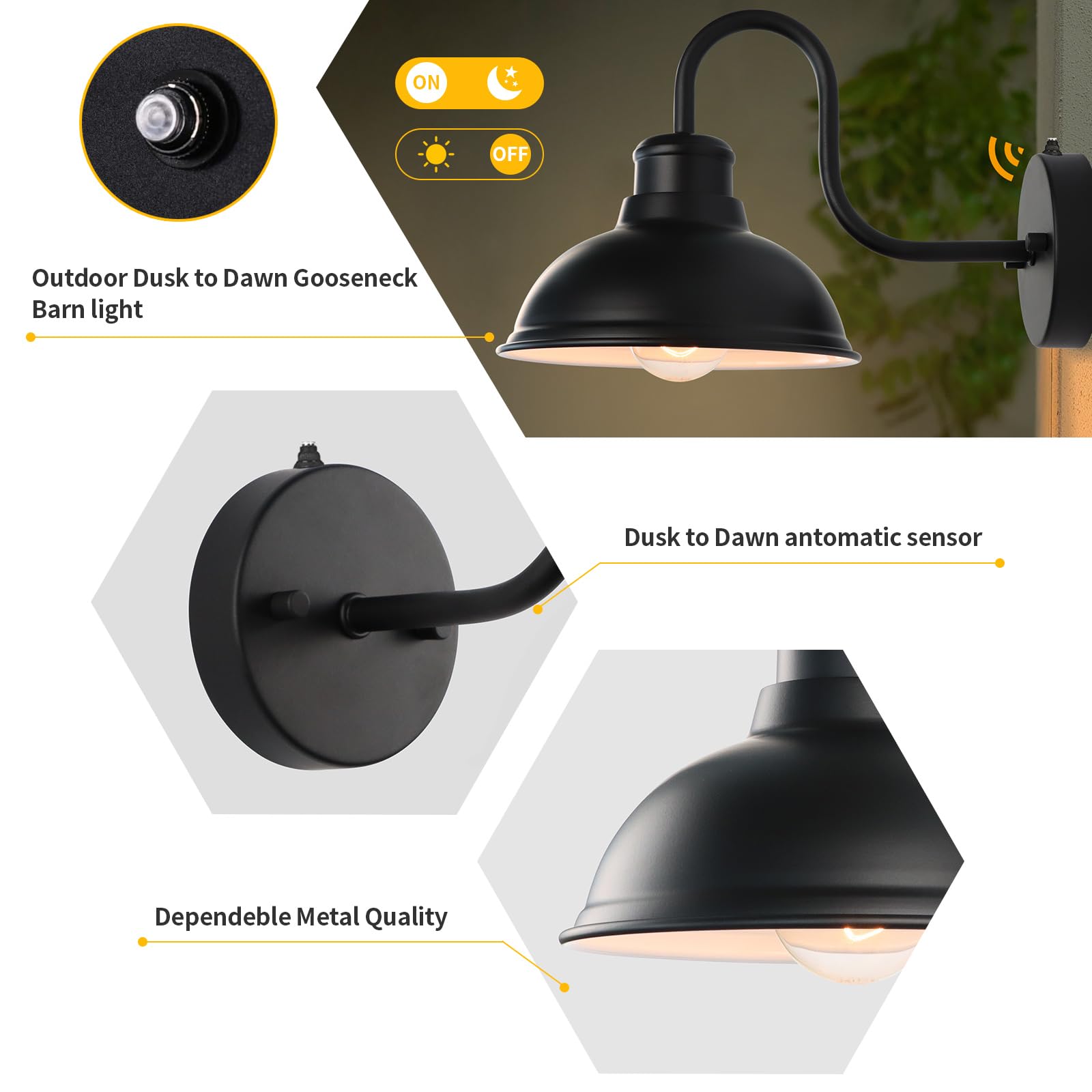 Lprzsg Dusk To Dawn Outdoor Wall Sconces, Exterior Farmhouse Gooseneck Barn Light, Vintage Matte Black Outside Wall Mount Light