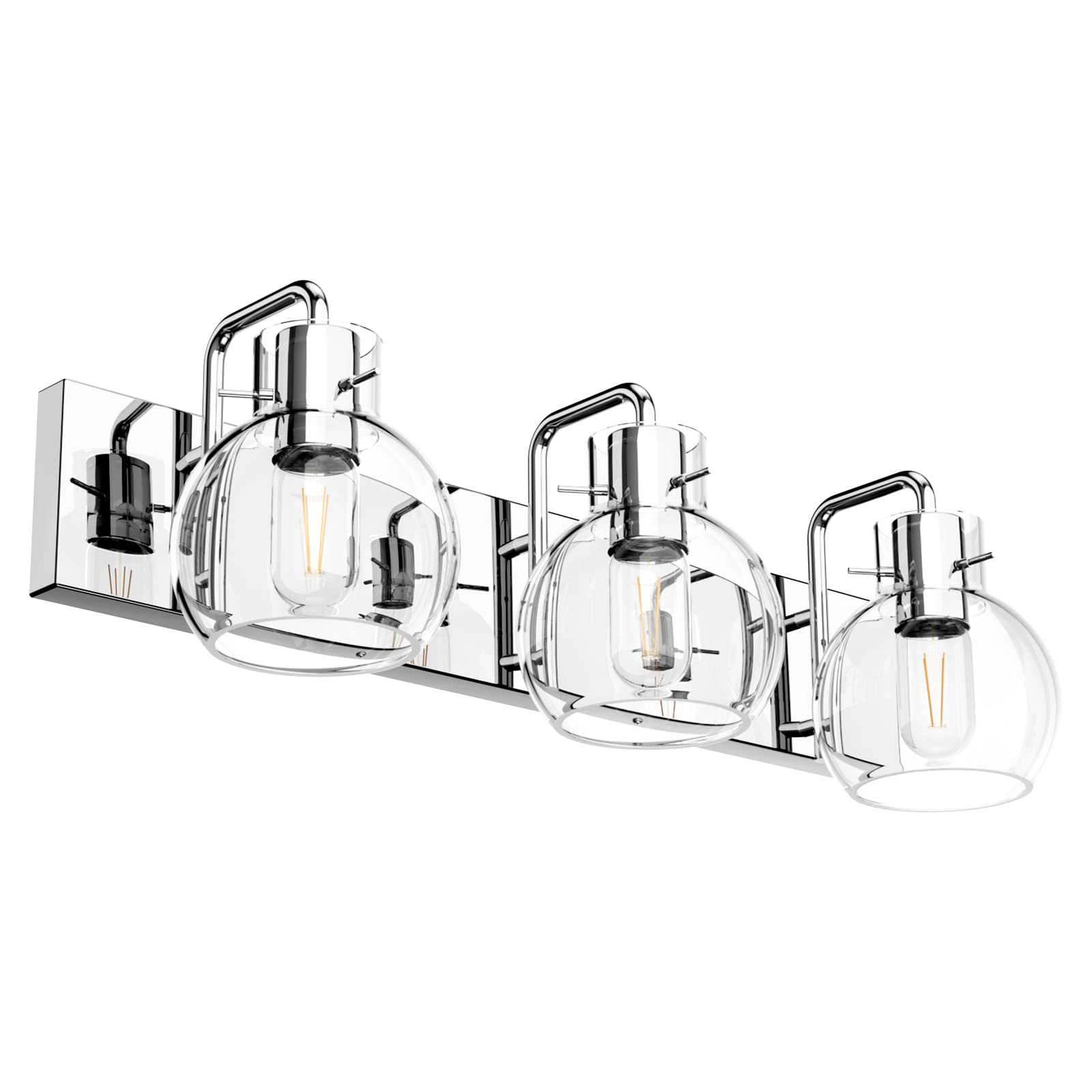 Tipace 3-Light Bathroom Vanity Lighting Fixtures, Chrome Finish, Glass Globe, Model L-7491, Industrial Farmhouse Style