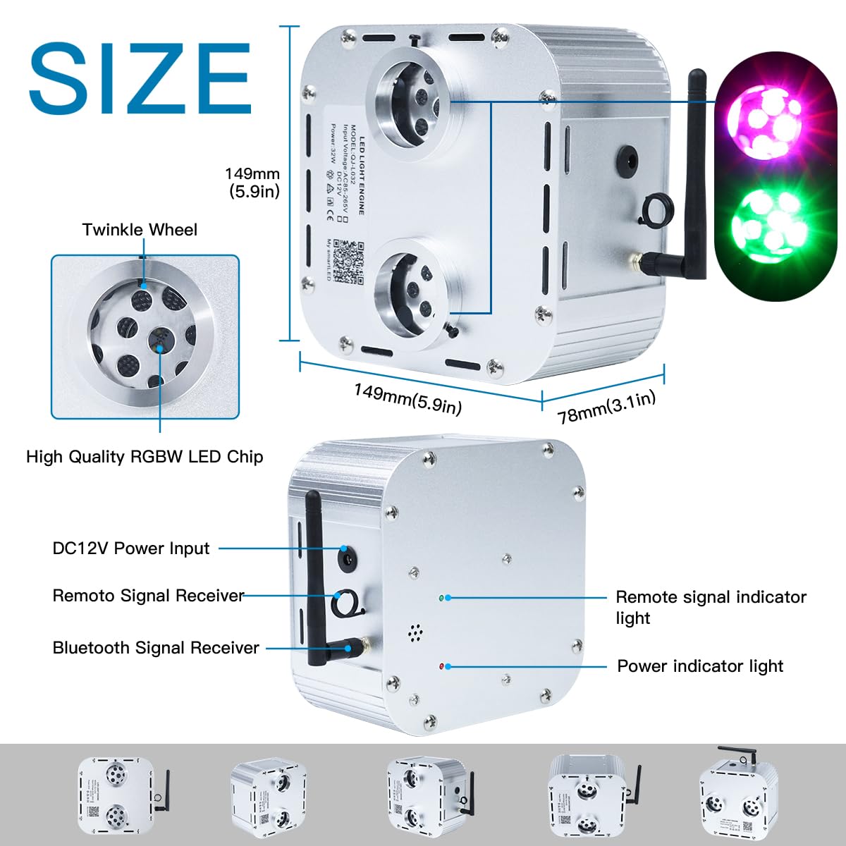 AKEPO Fiber Optic Light Engine, 32W Dual-Head, Twinkle + APP Control + Music Activated, RGB, Model QJ-L032