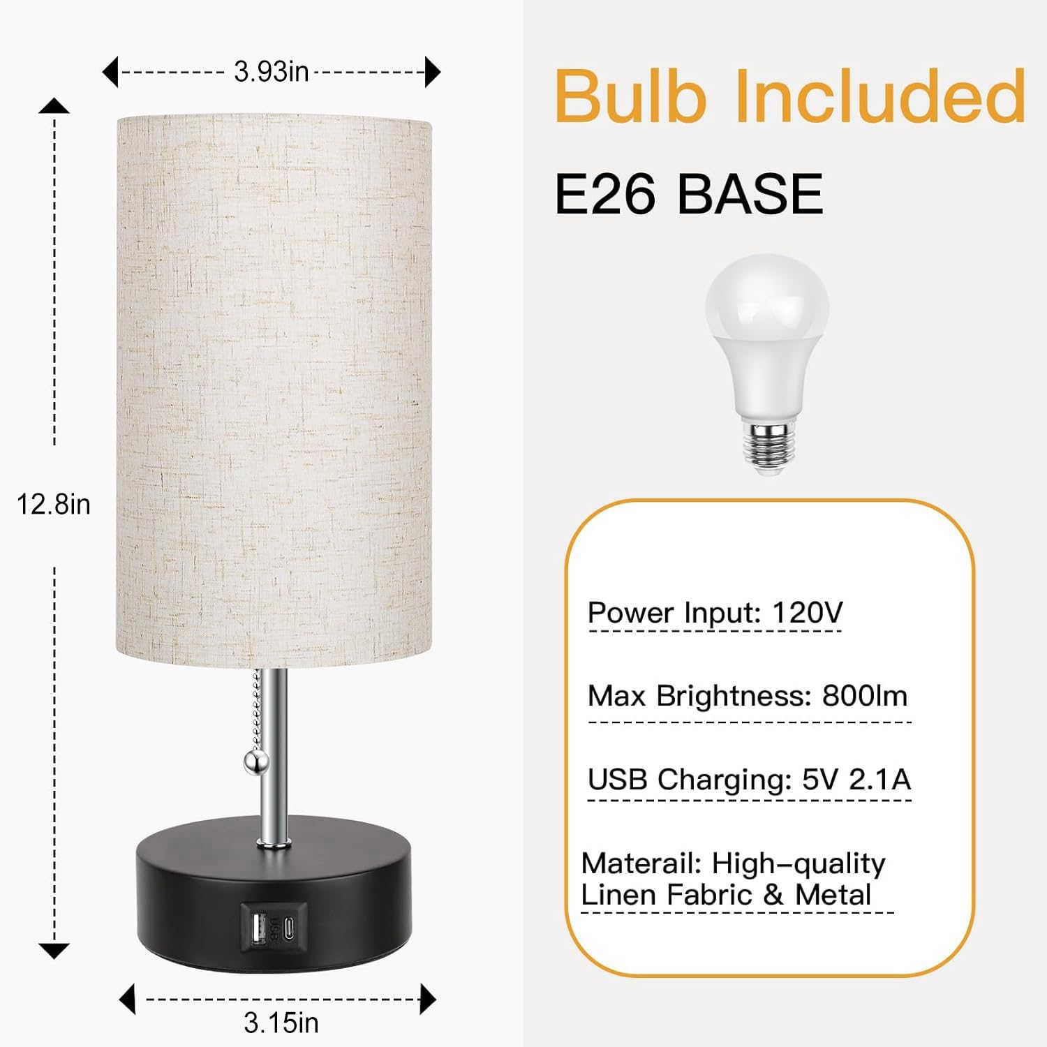 ROTTOGOON Bedside Lamp with USB Port, AC Outlet, LED Bulb, Oatmeal Color