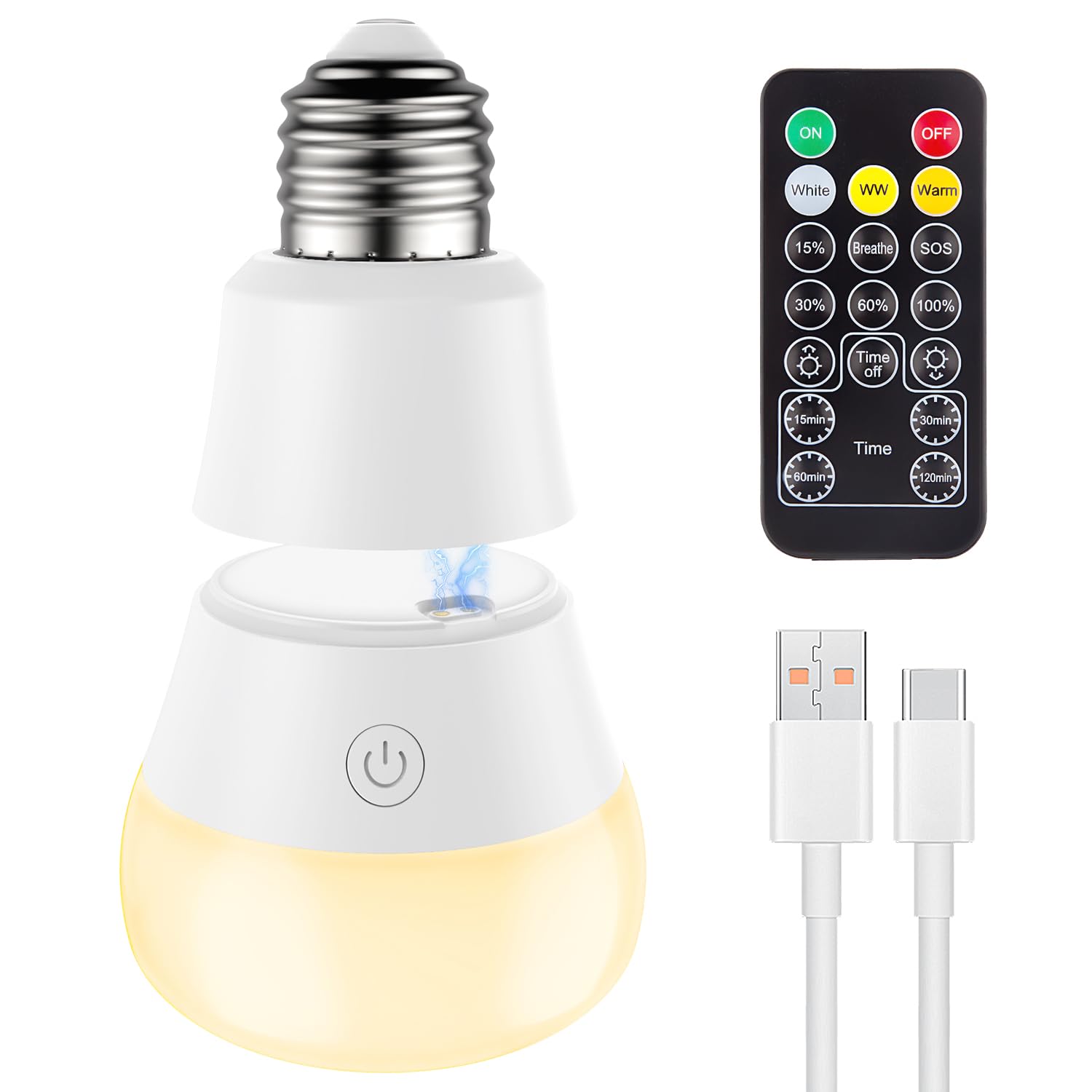 Scopow Magnetic And Usb Charging 2In1 Rechargeable Light Bulb With Remote Control Timer And 3 Color Temperature Battery Operated