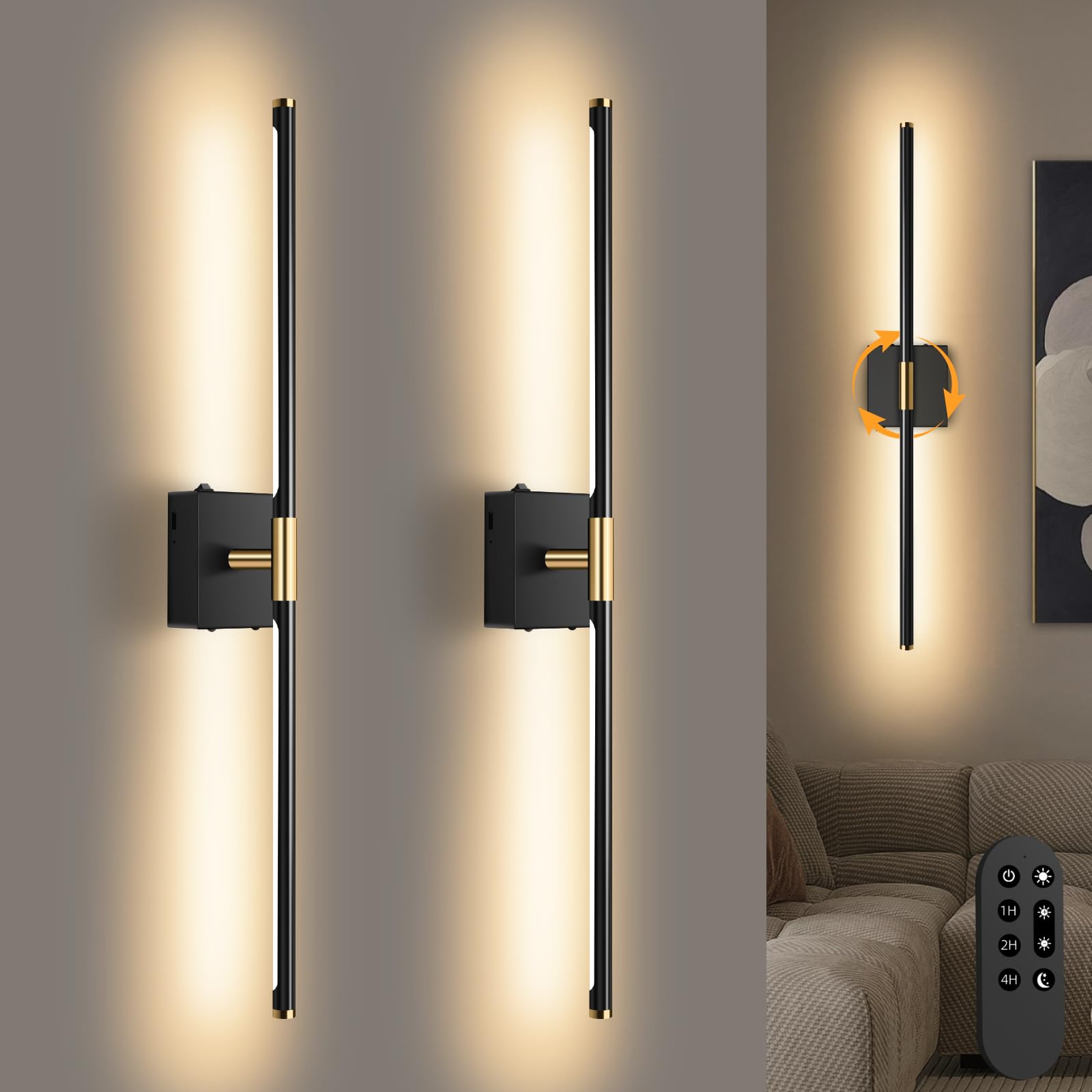 SAIMAND Wall Sconces Set of 2, Battery Operated, USB Rechargeable, Remote Control, 360° Rotation, 30in, Black, Model YHD01
