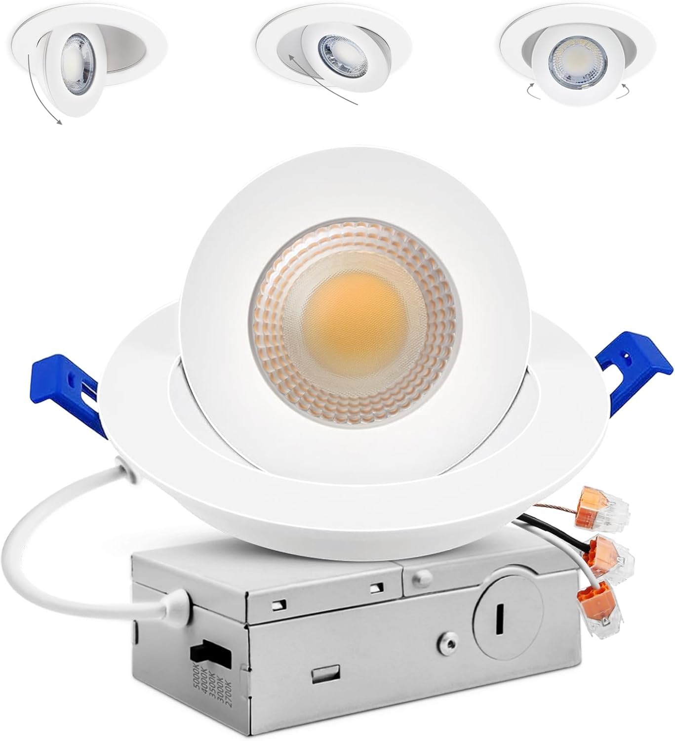 Adetu 4 Inch Gimbal LED Recessed Lights, 360°+90° Adjustable, Dimmable, 2700K-5000K, Metal, White, Model AD-S
