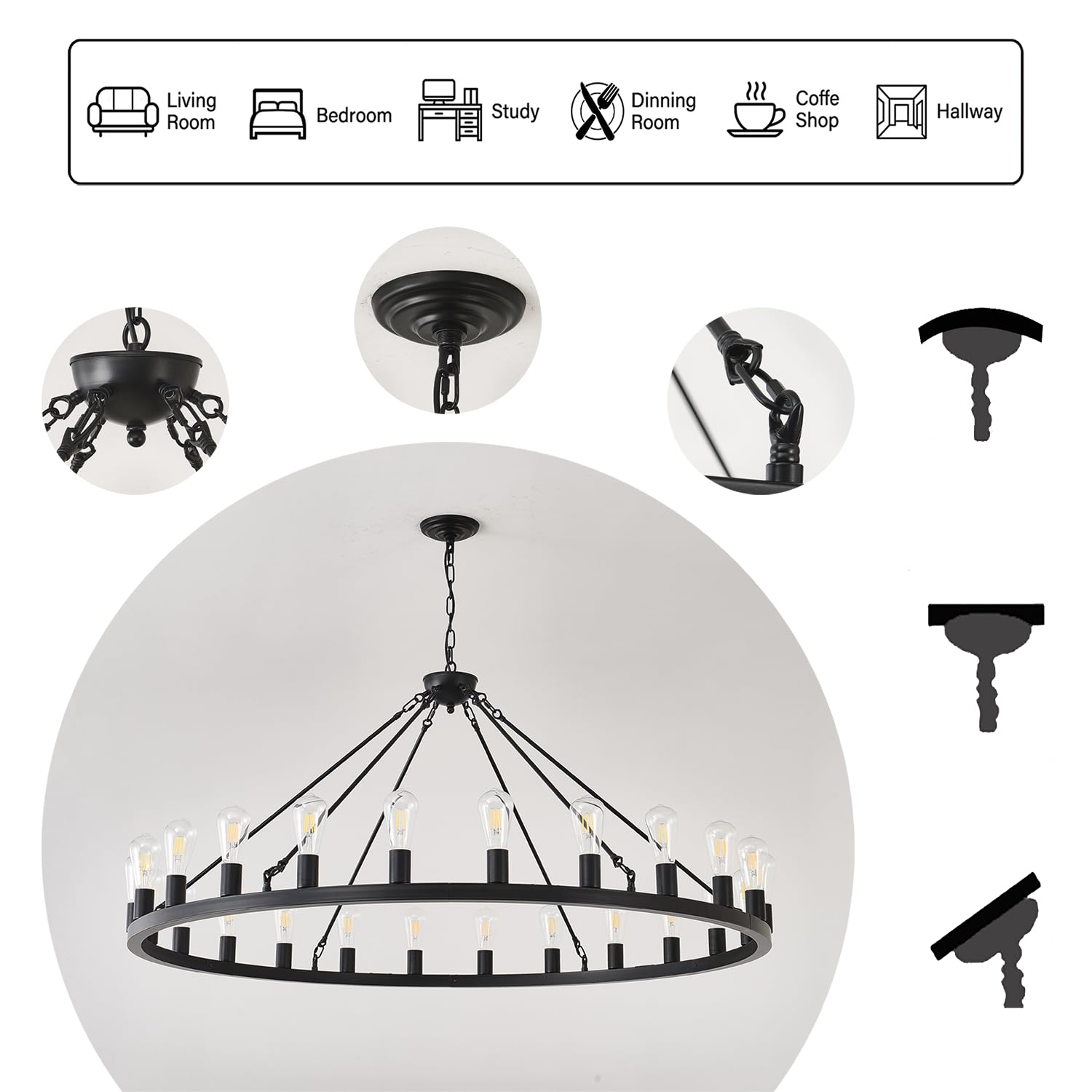 53    Large Farmhouse Wagon Wheel Chandelier,Black Rustic Chandelier 24-Lights,Round Dining Room Light With Adjustable Height,In