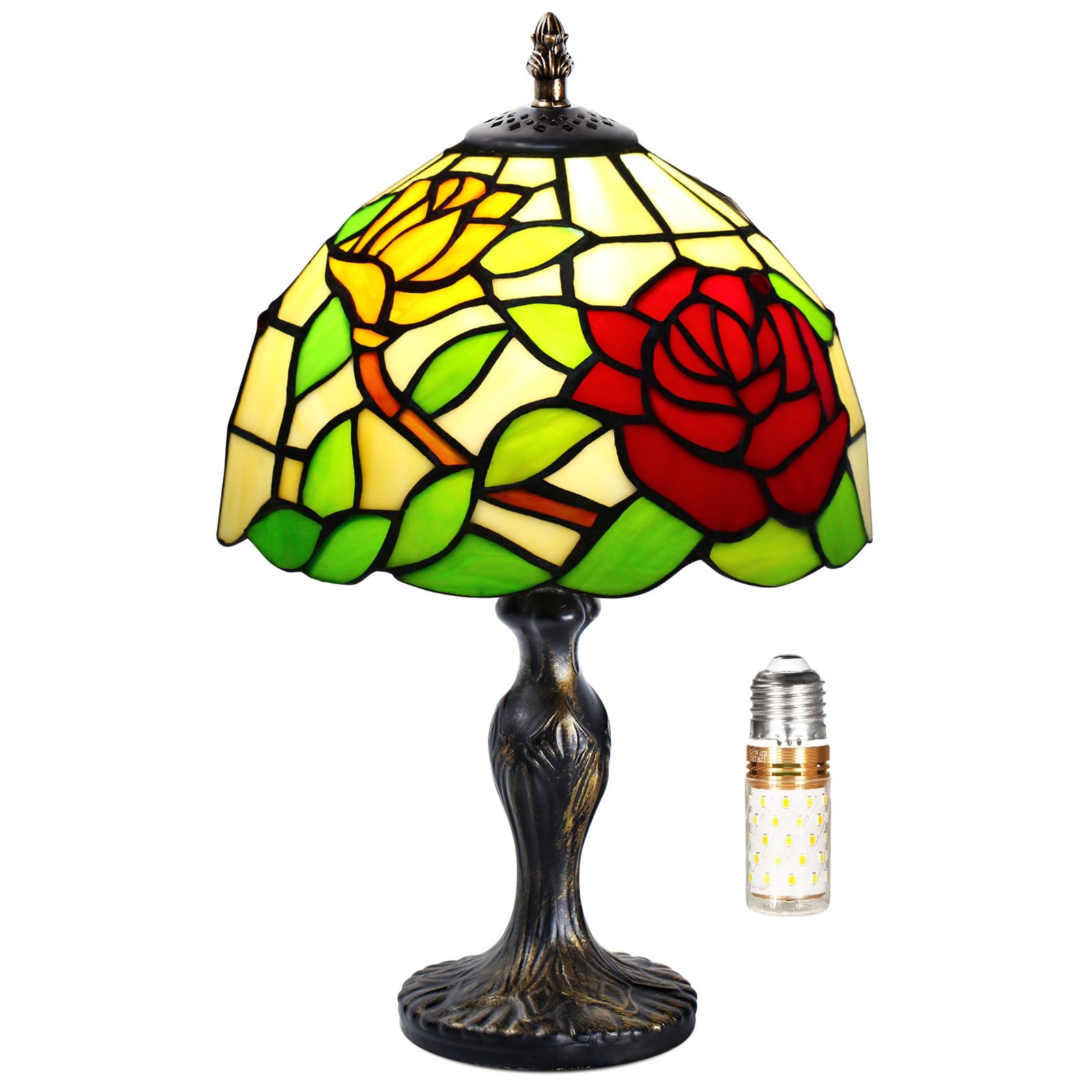 MIAOKE Stained Glass Table Lamp, Handmade Antique Light, Crystal Bead Style, A Rose