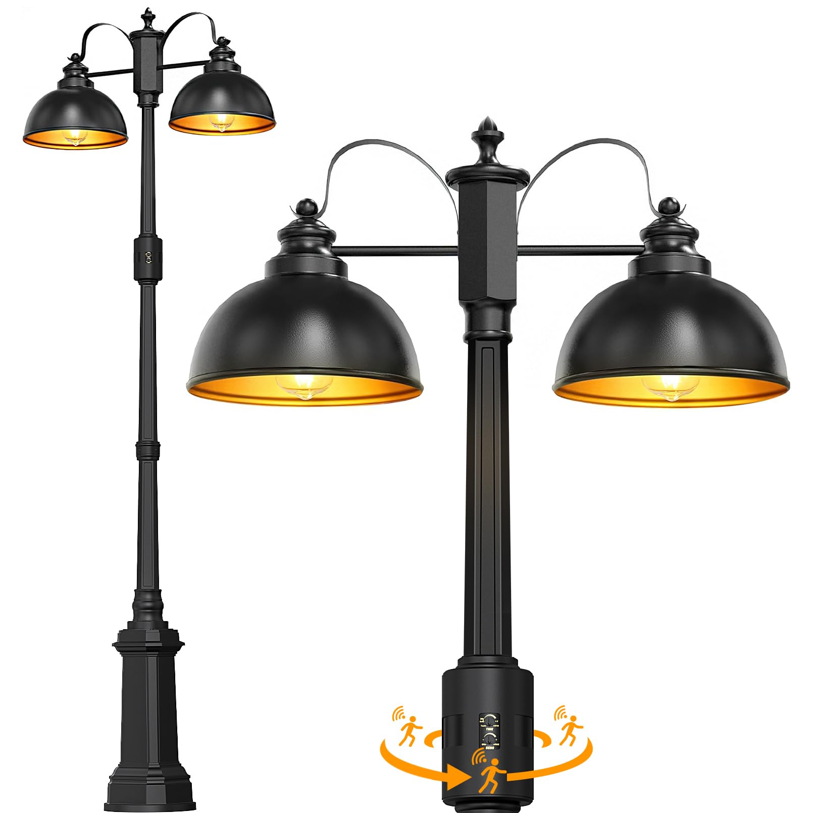 2-Head 360Motion Sensor Outdoor Post Lights, 4 Modes Dusk to Dawn Lamp Post Light Fixture, Waterproof Aluminum Farmhouse Outside