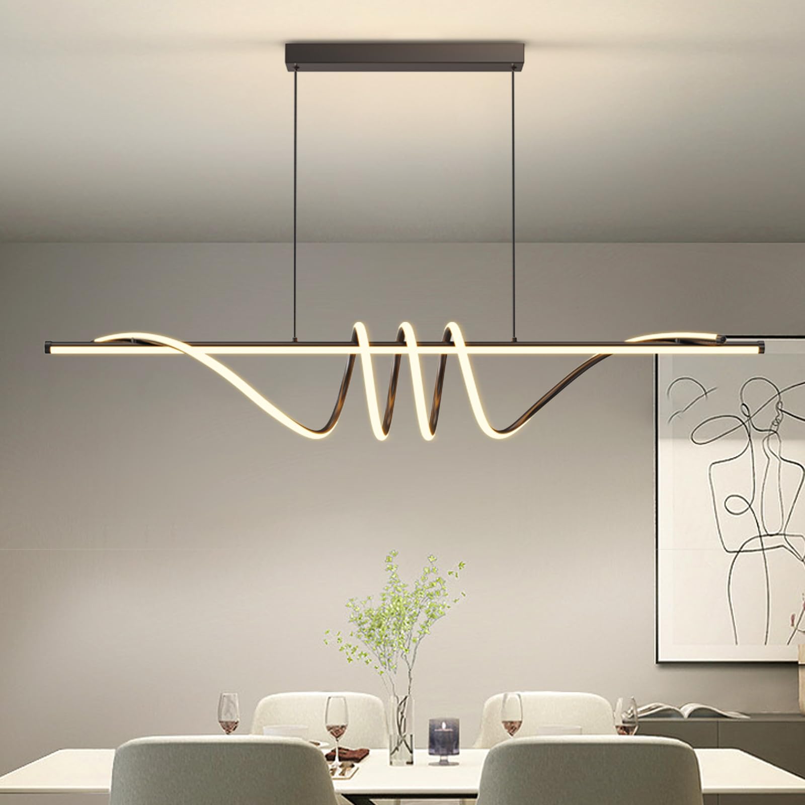Zihoi Modern LED Pendant Light, Dimmable with Remote, 3000K-6000K Adjustable, 57in Black Aluminum Chandelier for Kitchen, Dining Room