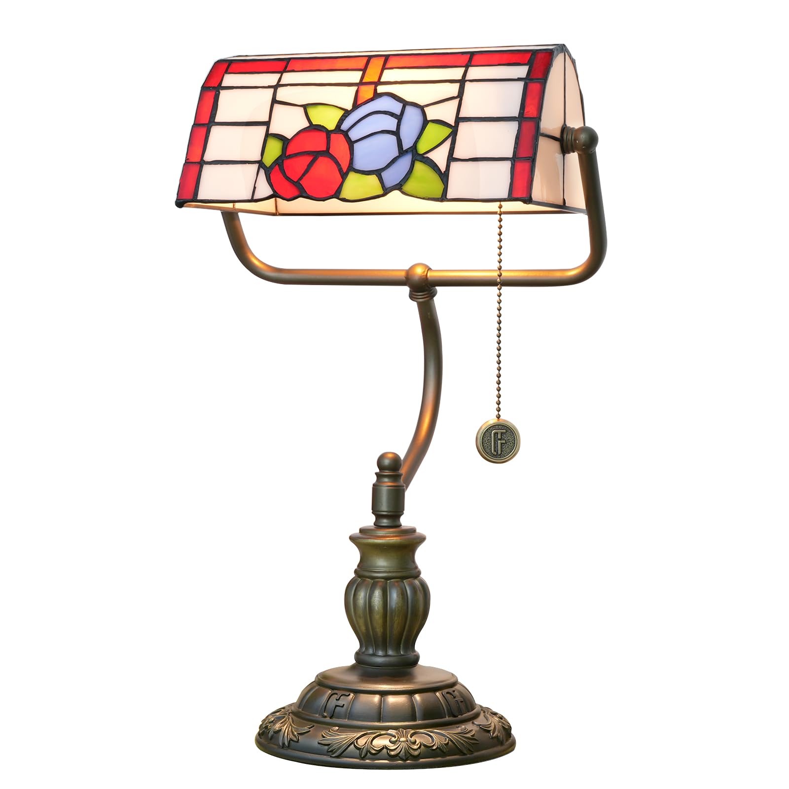 Tiffany Bankers Lamp Red Blue Rose Flowers Stained Glass Desk Lamp with Zipper Pull Chain Tiffany Style Vintage Bedroom Bedside Light Adjustable Angle Aesthetic Antique Accent Reading Desk Light
